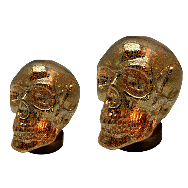Set of 2 Flame Skull LED Lamps – Gold Skull Table Lights with Warm Glow – USB & Battery Powered Home Décor
