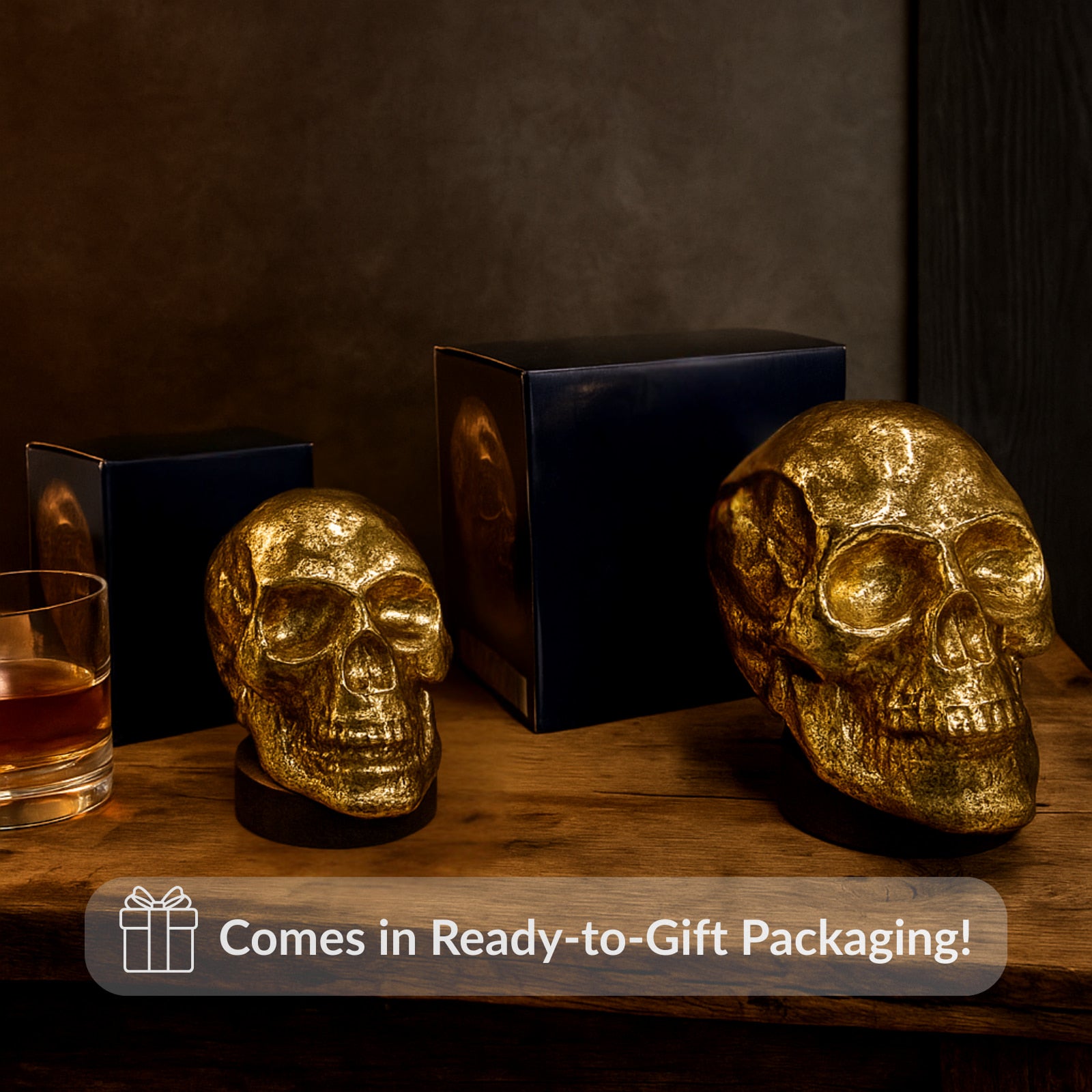 Set of 2 Flame Skull LED Lamps – Gold Skull Table Lights with Warm Glow – USB & Battery Powered Home Décor