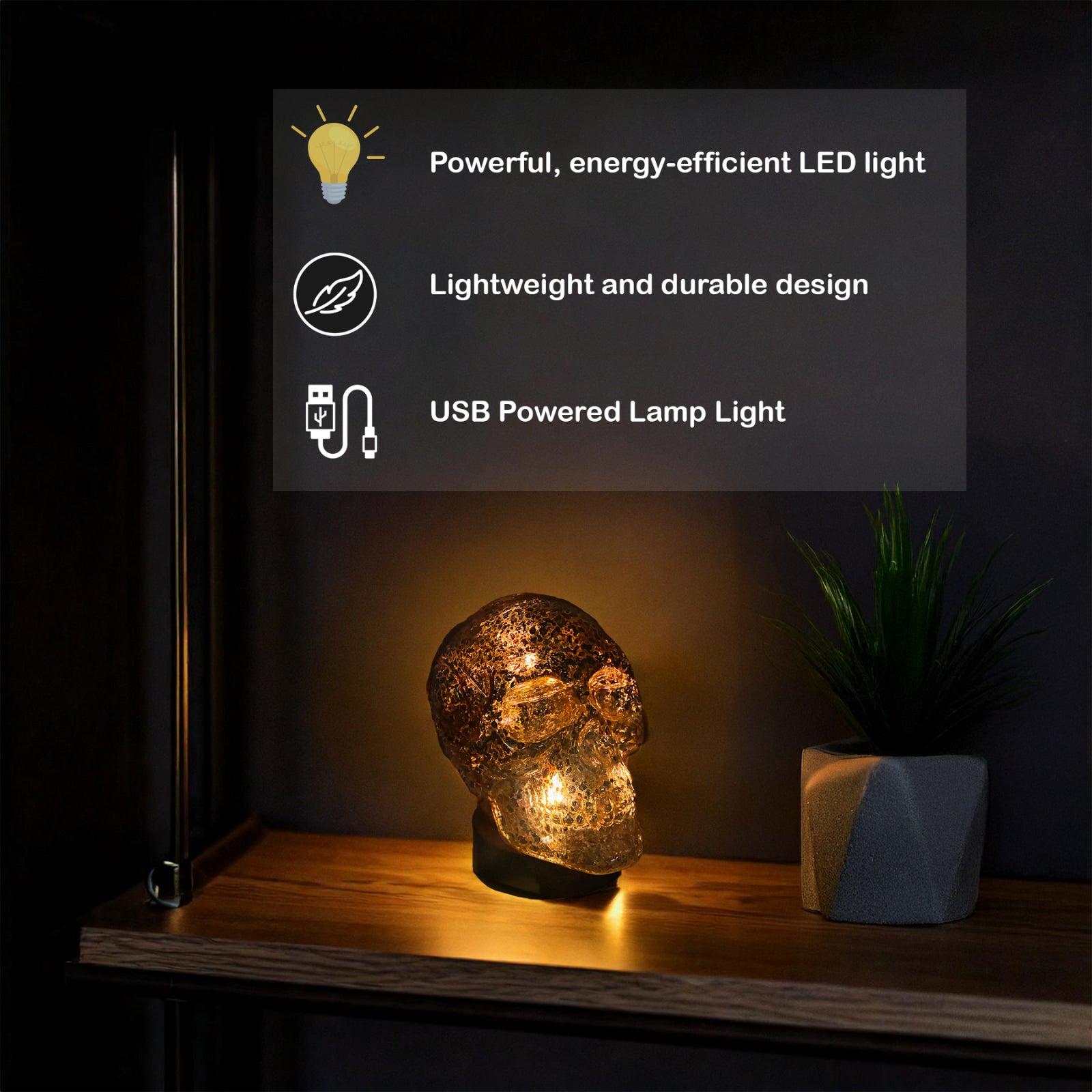 Set of 2 Flame Skull LED Lamps – Gold Skull Table Lights with Warm Glow – USB & Battery Powered Home Décor
