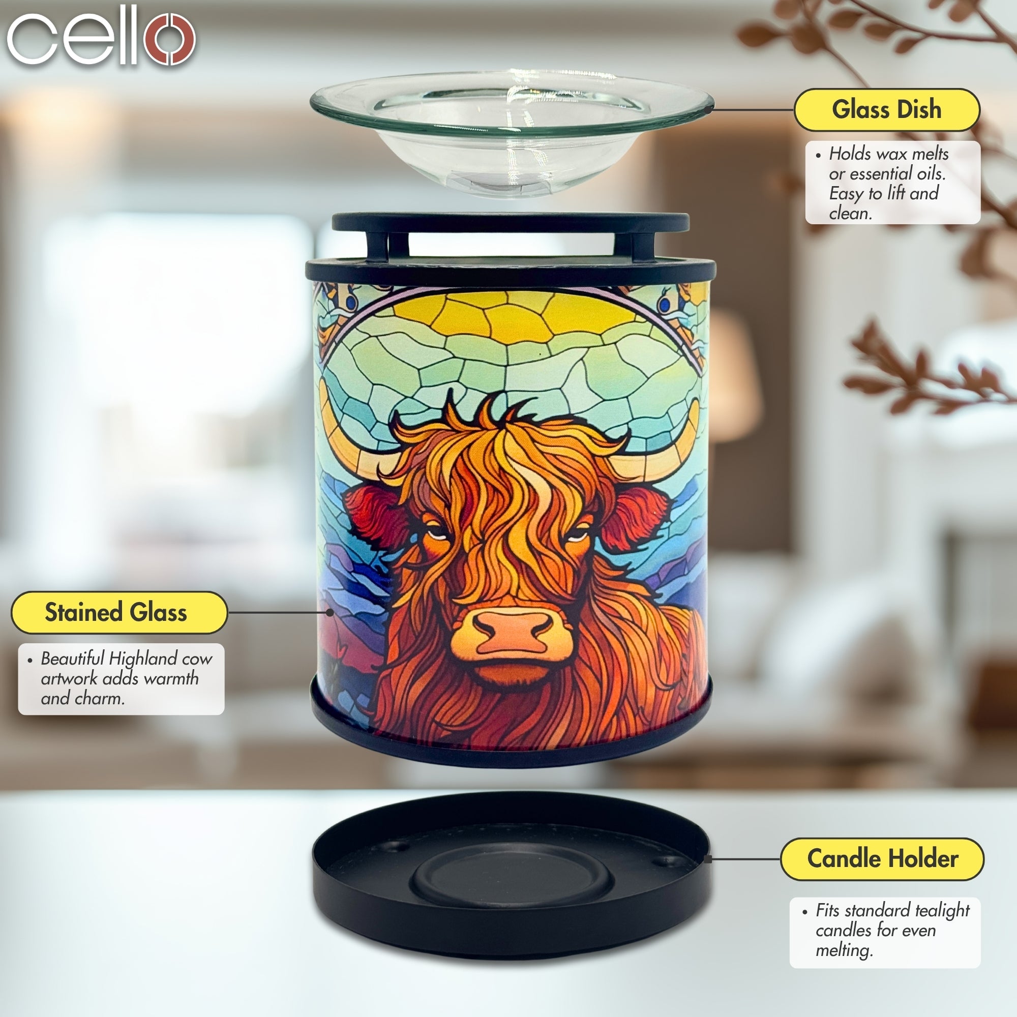 Close-up of Cello Highland Cow Wax Melt Holder showing glass dish and vibrant stained-glass Highland cattle artwork – perfect Highland cow gift or cow wax warmer.