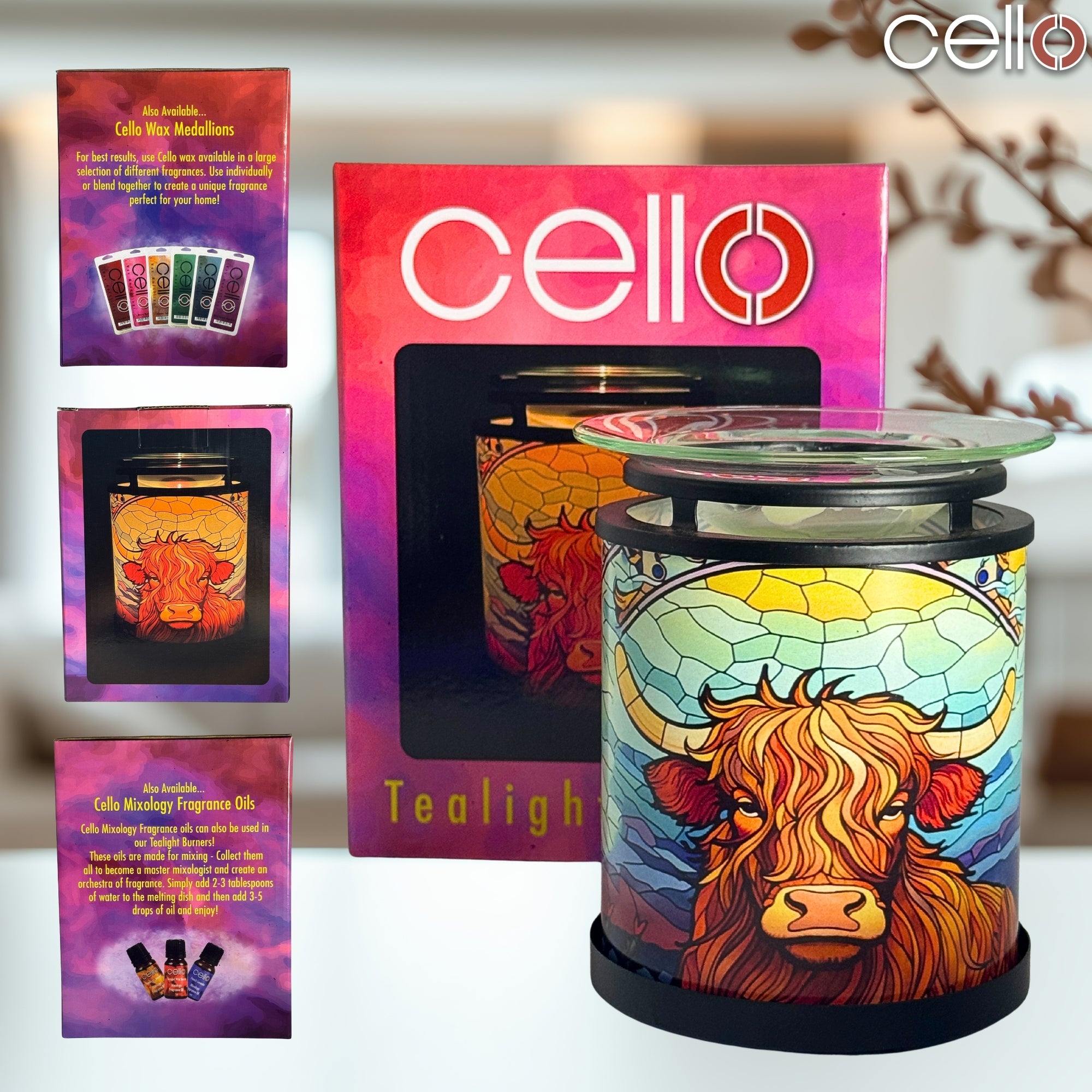 Gift-ready Cello Highland Cow Wax Melt Holder boxed with colourful packaging, ideal Christmas Highland cow gift or decorative cow lamp for UK homes.