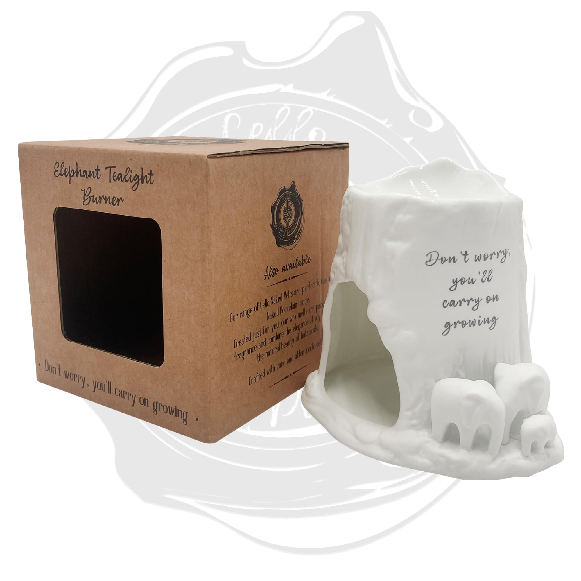 Cello Elephant Tealight Burner - Don't worry, you'll carry on growing