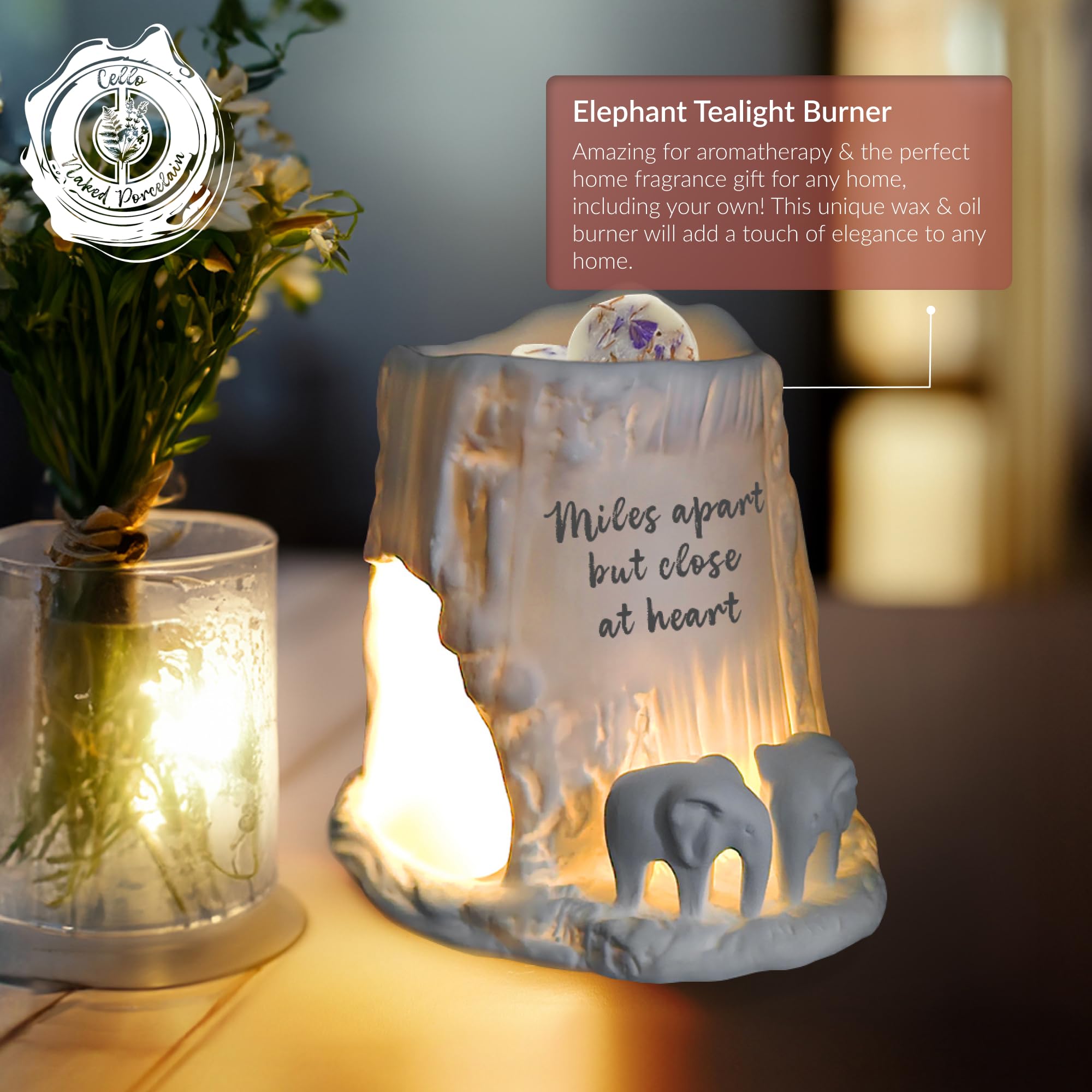Cello Elephant Tealight Burner - Miles apart but close at heart