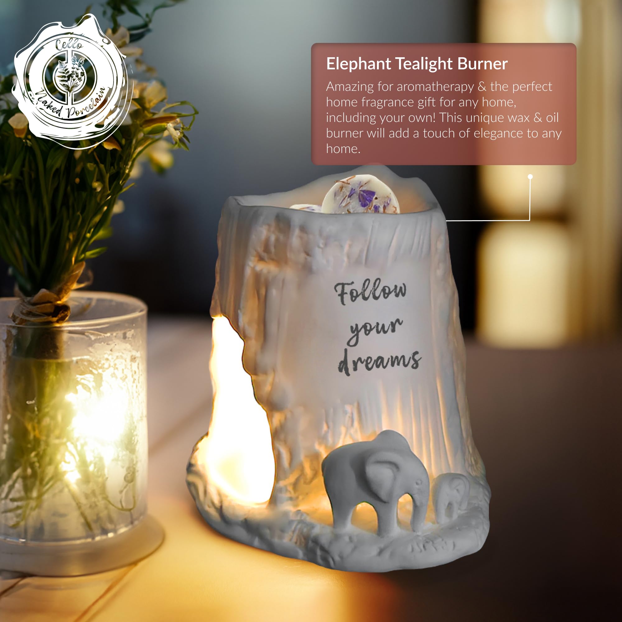 Cello Elephant Tealight Burner - Follow your dreams