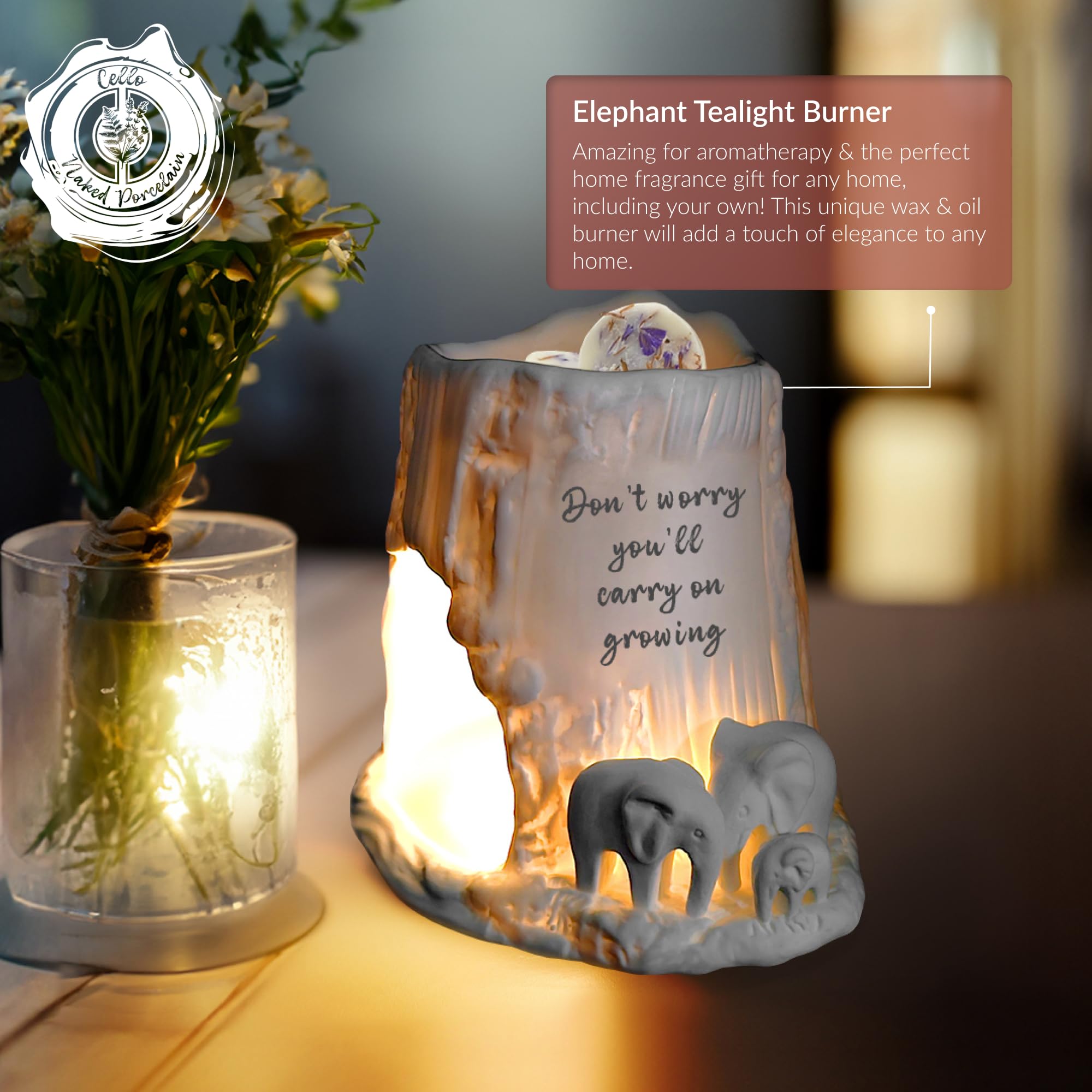 Cello Elephant Tealight Burner - Don't worry, you'll carry on growing