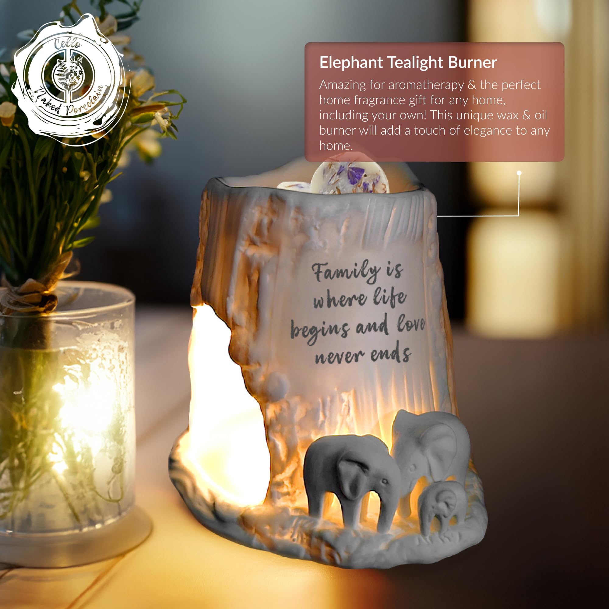 Cello Elephant Tealight Burner - Family is where life begins and love never ends