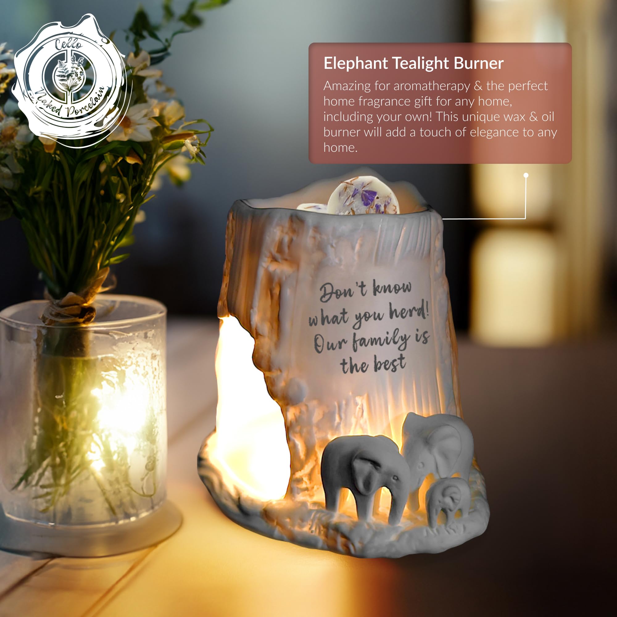 Cello Elephant Tealight Burner - Don't know what you herd! Our family is the best