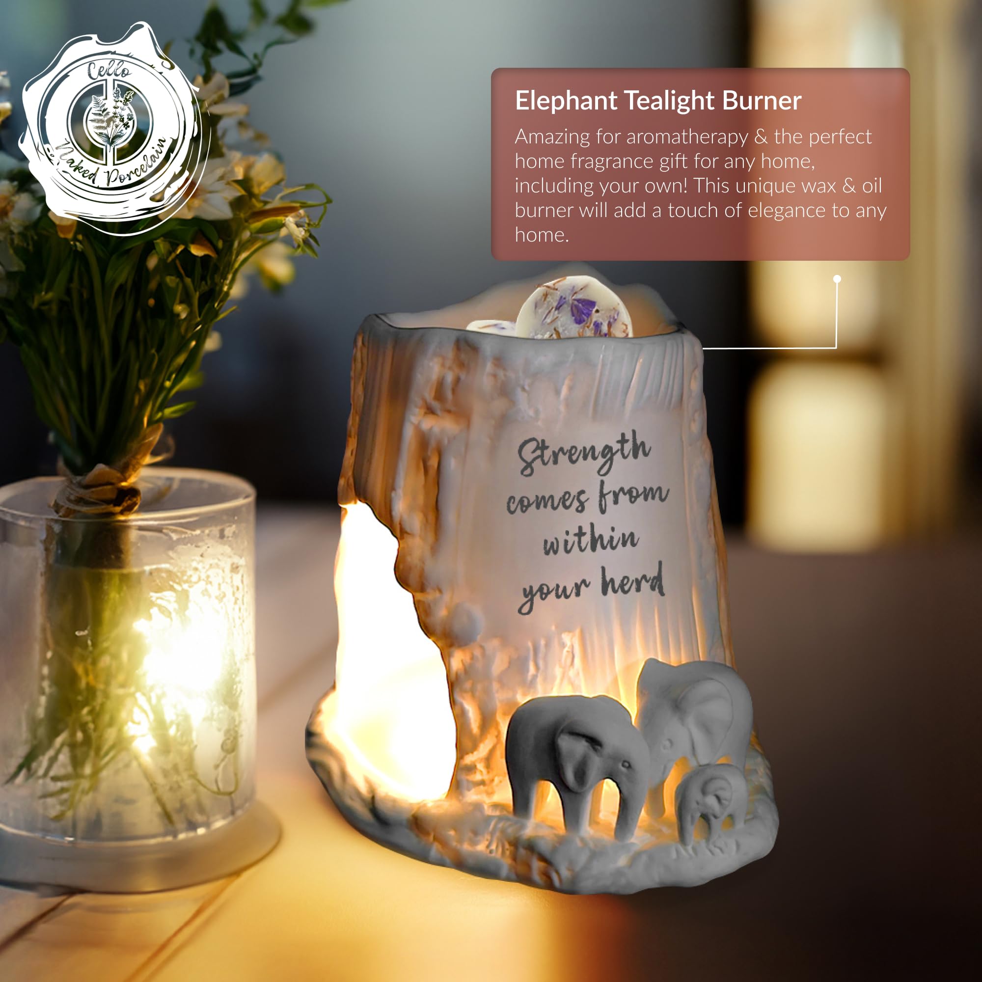 Cello Elephant Tealight Burner - Strength comes from within your herd