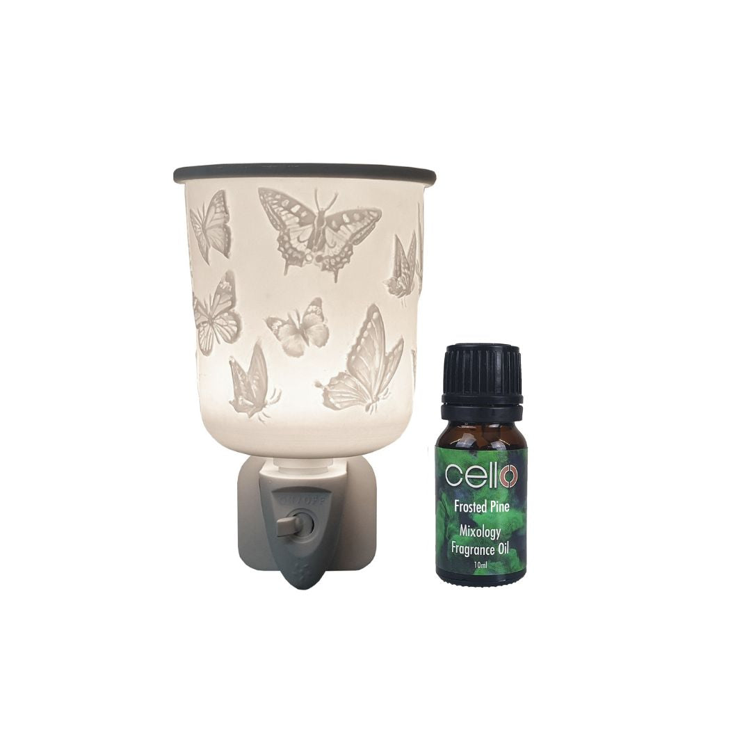 Cello Butterfly Porcelain Plug In & Frosted Pine Mixology Fragrance Oil