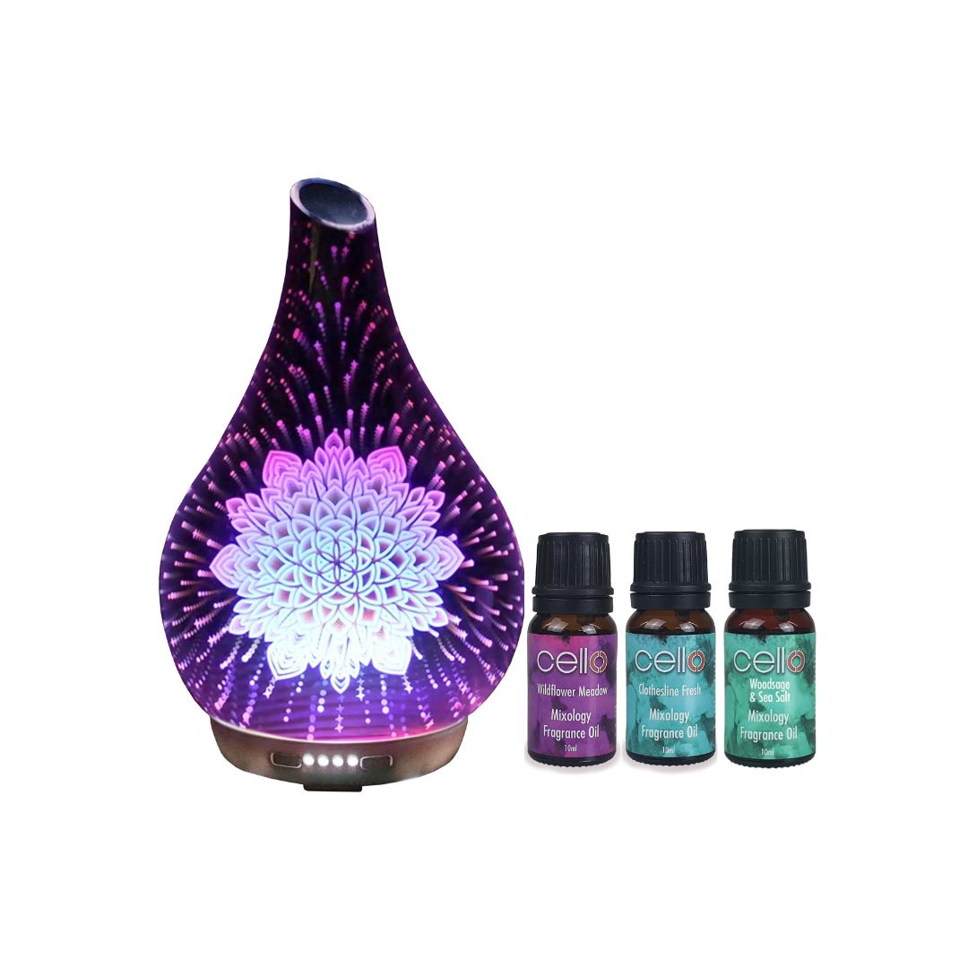 Cello Large Ultrasonic Diffuser with Set of 3 x 10ml Aroma Oils - Lotus