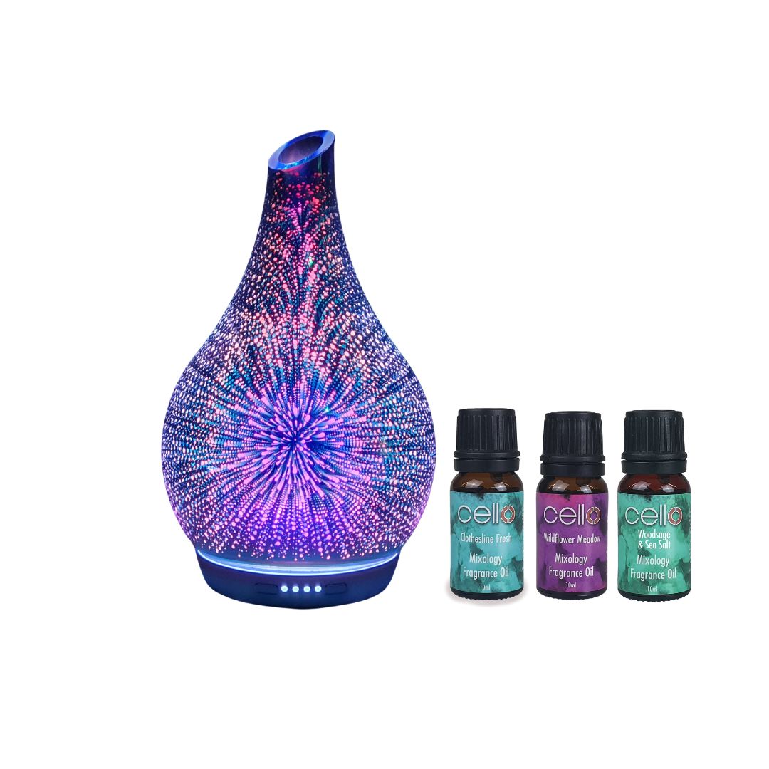 Cello Large Ultrasonic Diffuser with Set of 3 x 10ml Aroma Oils - Inifity