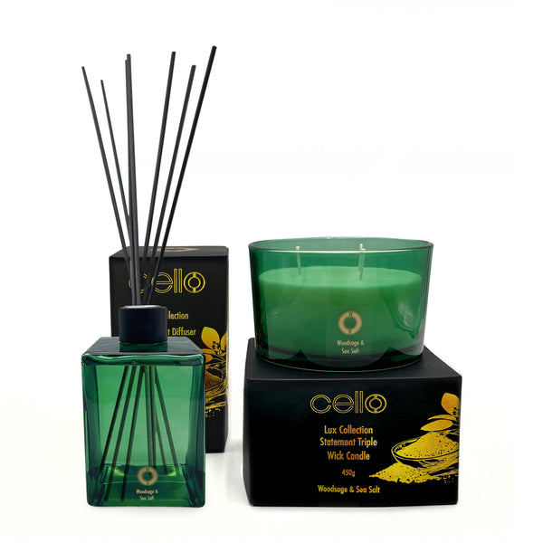 Cello Lux Large Reed Diffuser With 3 Wick Candle And Lighter- Woodsage & Sea Salt