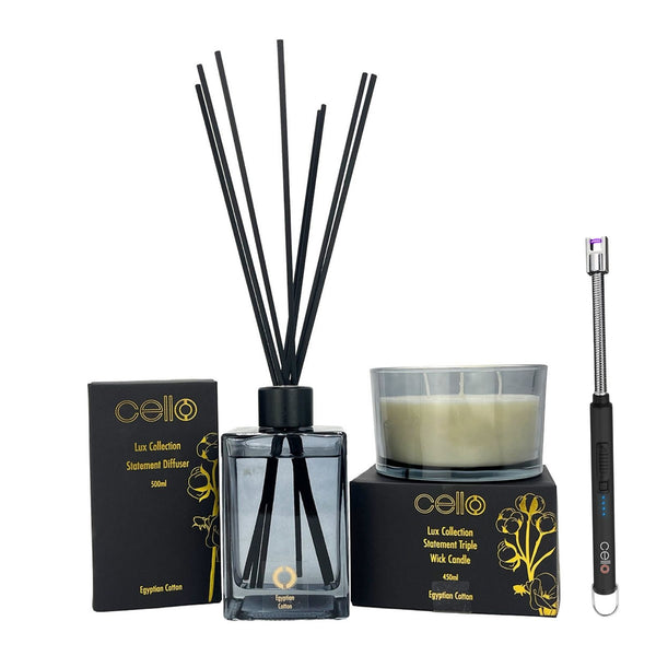 Cello Lux Egyptian Cotton Reed Diffuser & Candle Gift Set with USB Electric Black Lighter