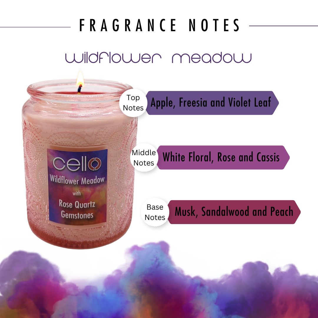 Gemstone Candle with Convection Spinner - Wildflower Meadow with Rose Quartz