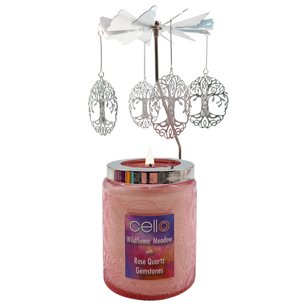 Gemstone Candle with Convection Spinner - Wildflower Meadow with Rose Quartz