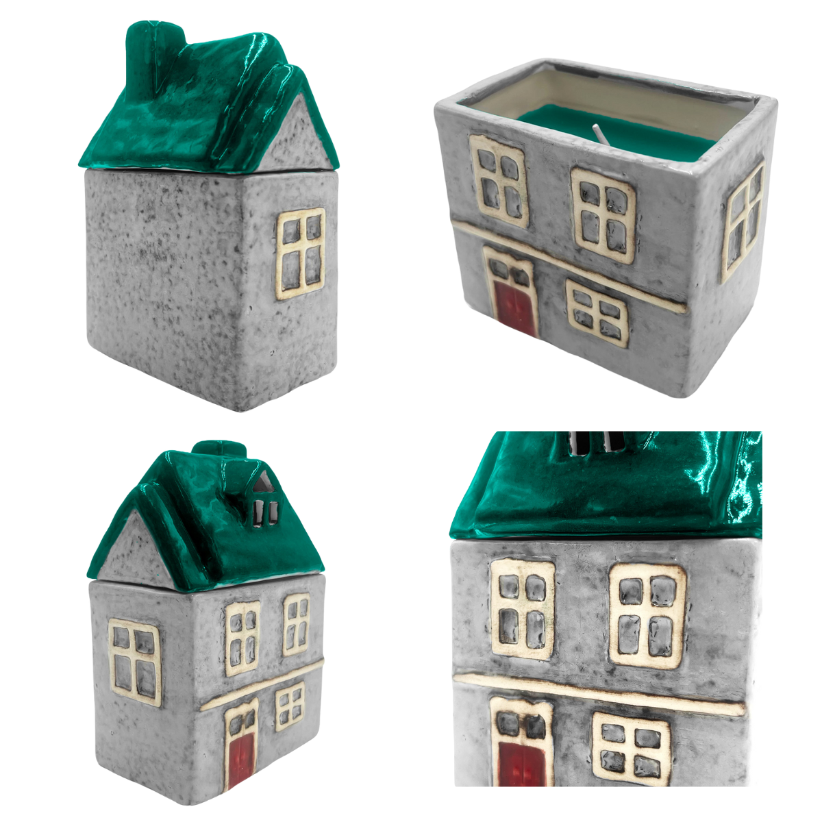 Multiple angles of the Wildflower Garden ceramic house candle with glossy green roof and removable lid.