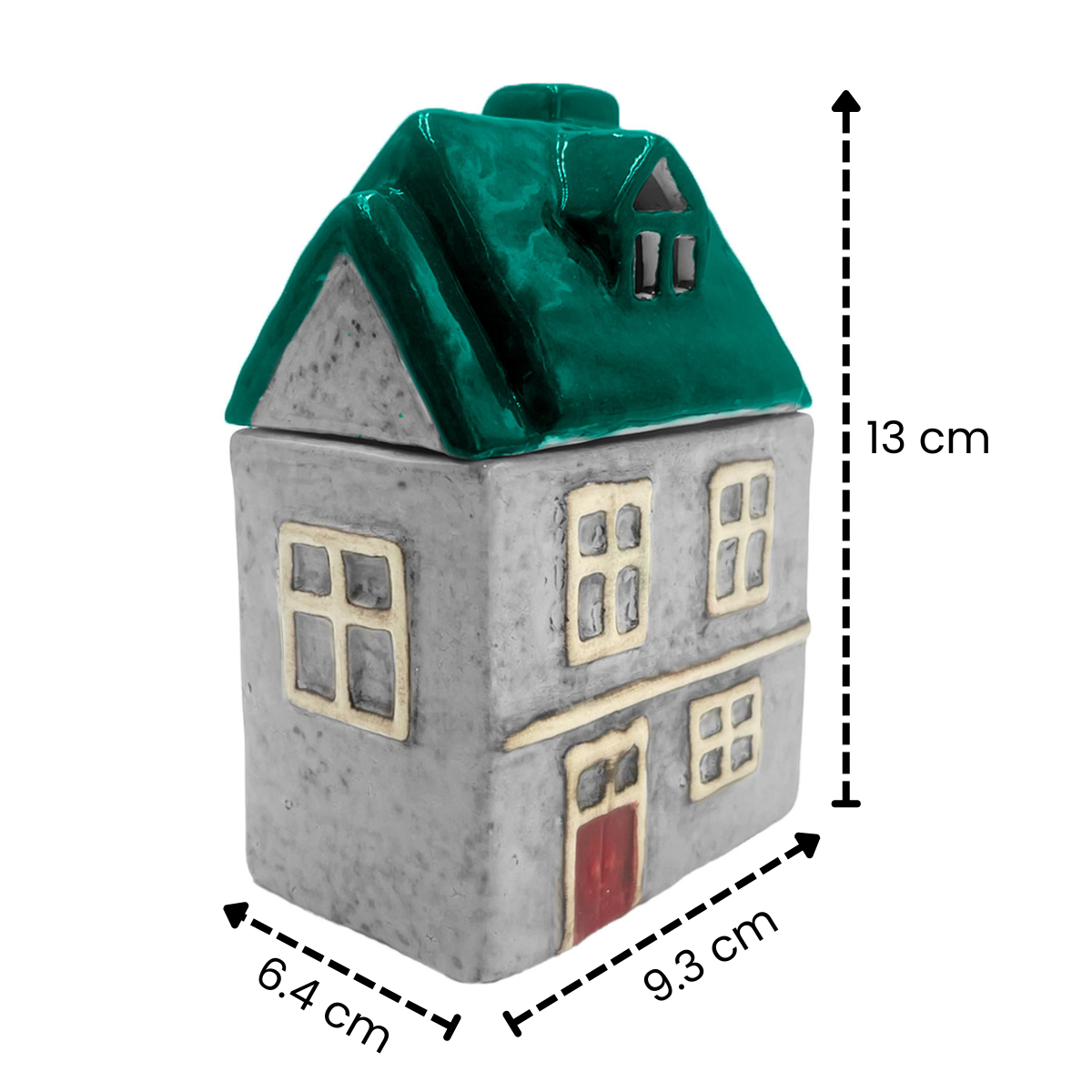 Wildflower Garden ceramic house candle with red door and green roof, shown with product dimensions 13 cm tall, 9.3 cm wide, and 6.4 cm deep.