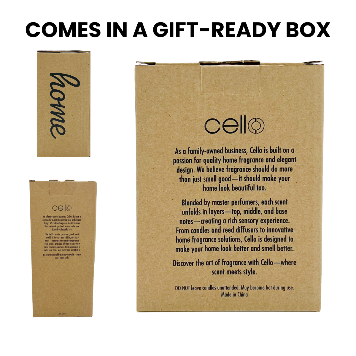 Brown Cello gift box with printed text, showing eco-friendly packaging for home fragrance products.