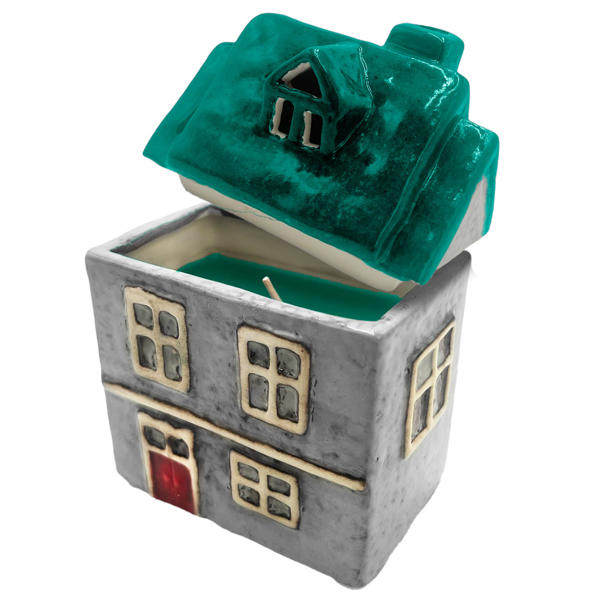 Wildflower Garden ceramic house candle with removable roof lid, showing teal wax and visible wick.