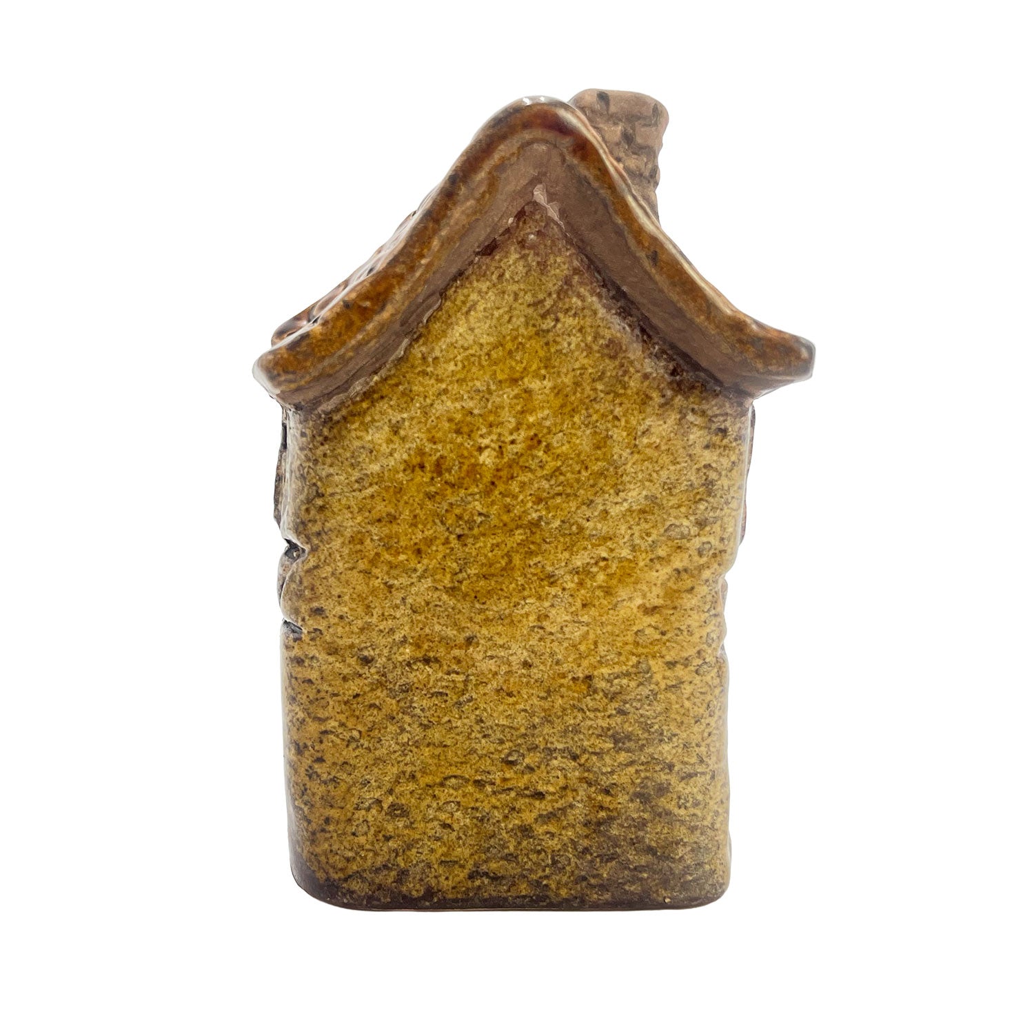 Back view of the yellow Cello Silk Weaver’s Cottage ceramic LED house showing smooth glaze and rustic detailing.