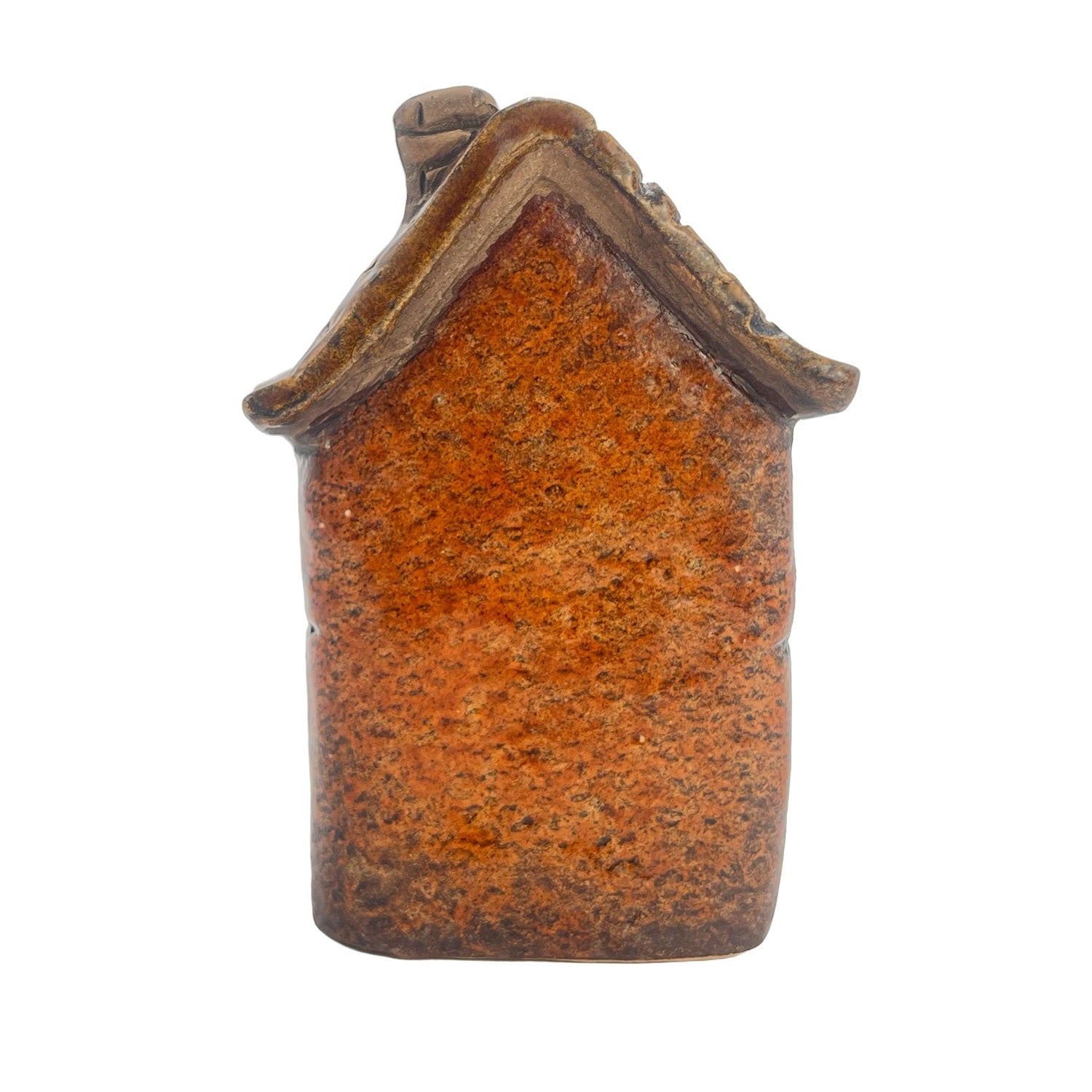 Back view of the orange Silk Weaver’s Cottage pottery house highlighting the smooth ceramic glaze and LED battery section.