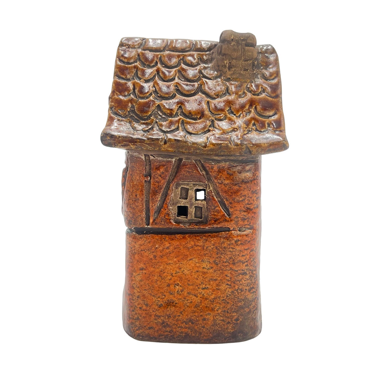 Side view of the orange Silk Weaver’s Cottage LED house showing curved roof, handcrafted finish, and soft interior lighting.