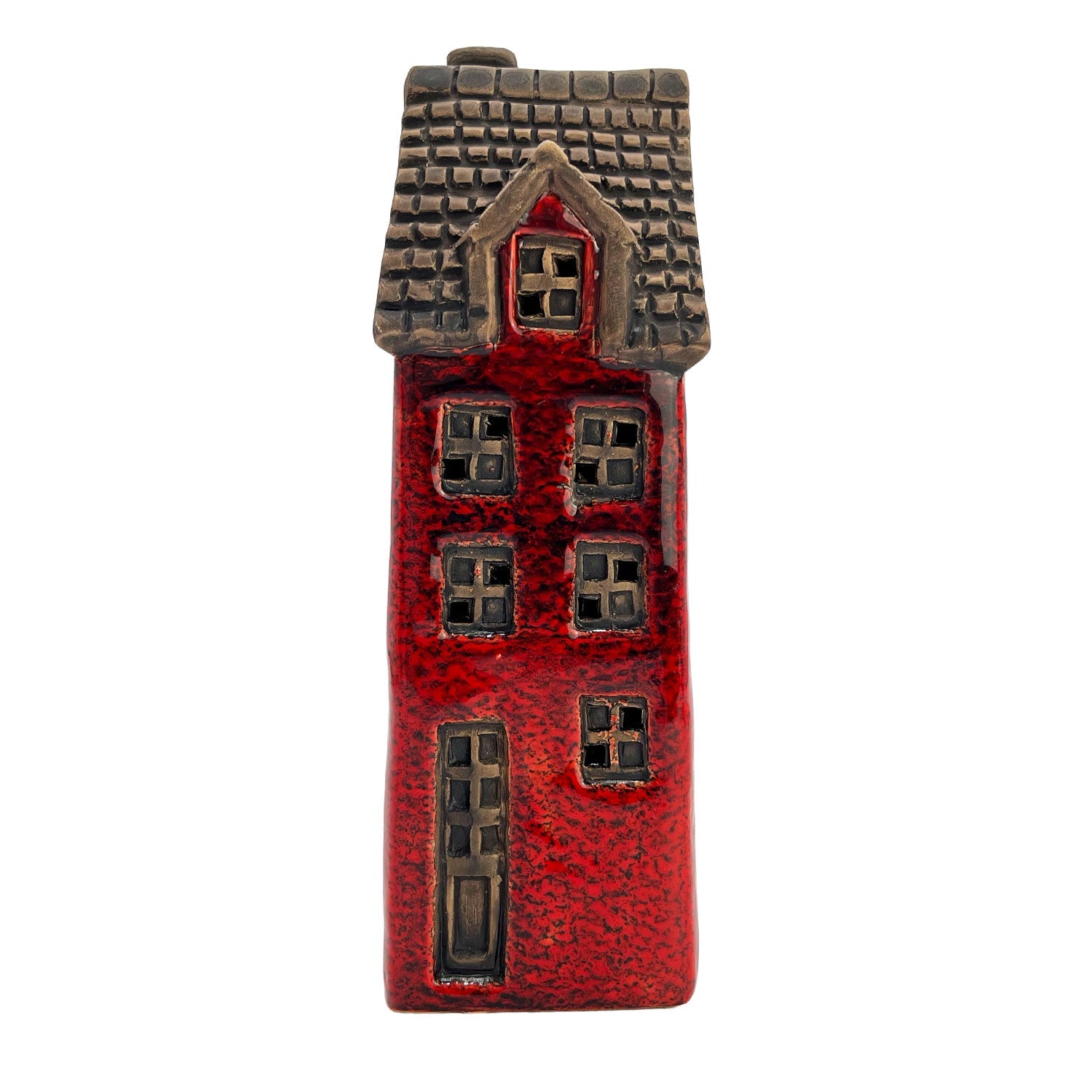 Front angle of the red Scribe’s Retreat LED house illuminated from within, highlighting fine detailing and storybook-inspired design.