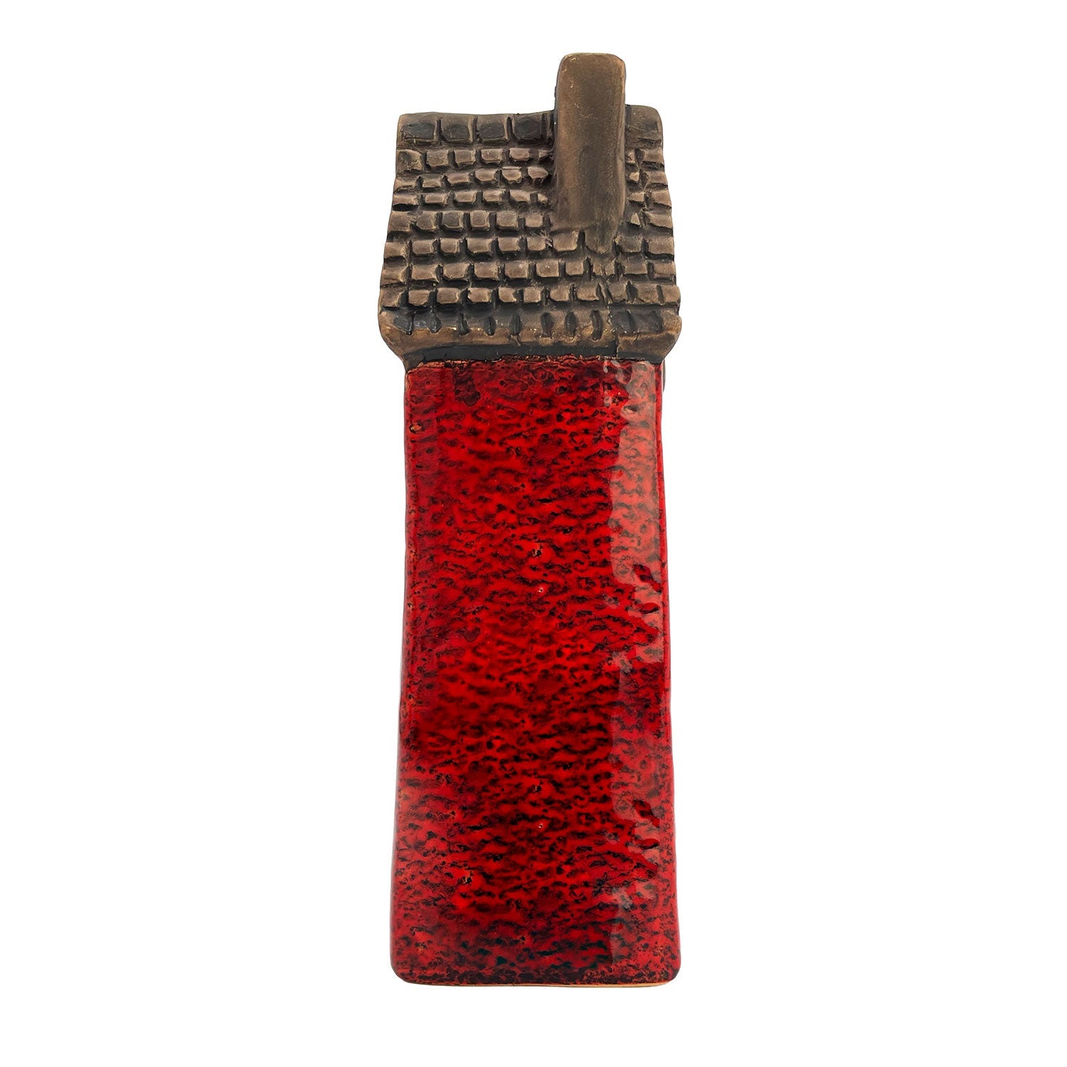 Rear view of the Scribe’s Retreat red ceramic LED pottery house showing subtle glaze variation and handcrafted texture.