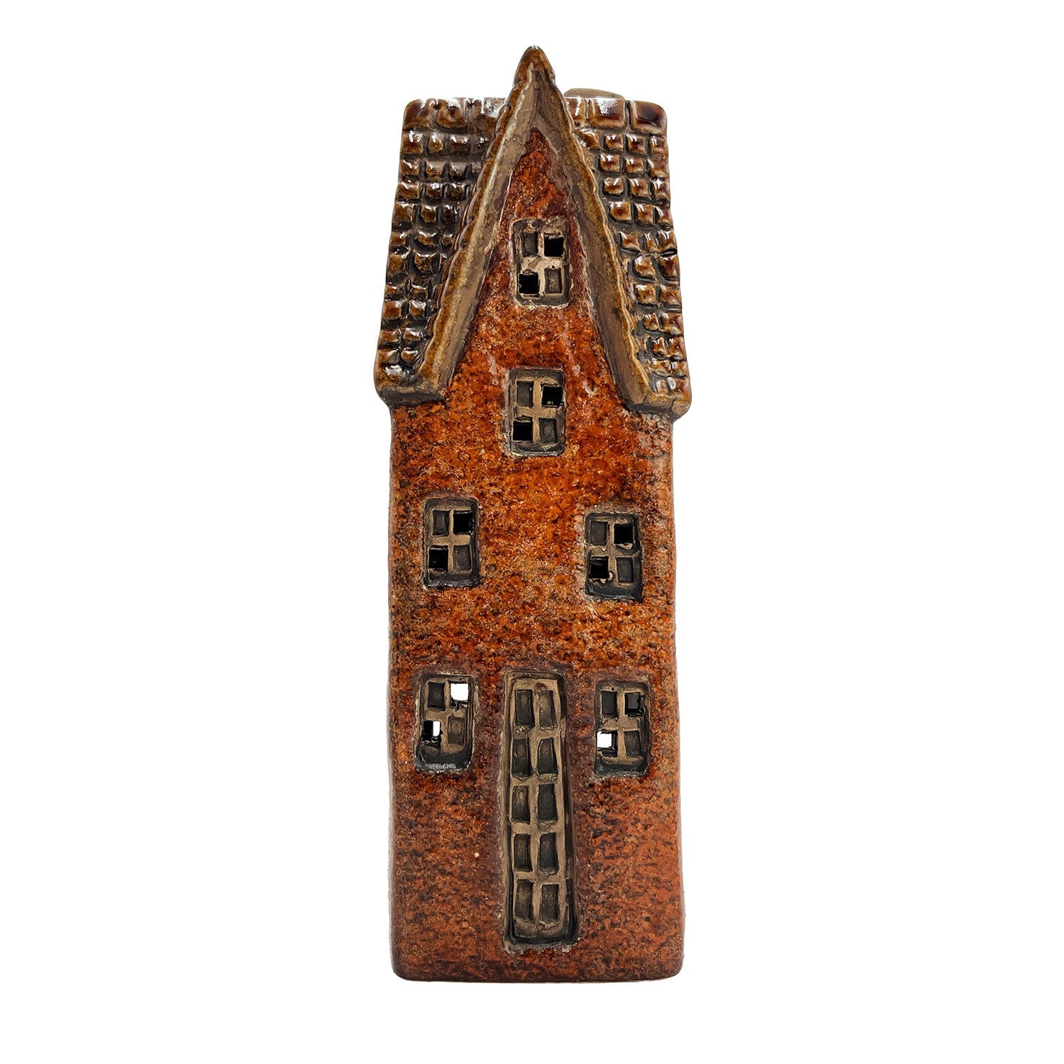 Front view of the Cello Goldsmith’s Abode tealight pottery house in rustic brown showing tall door and window design.