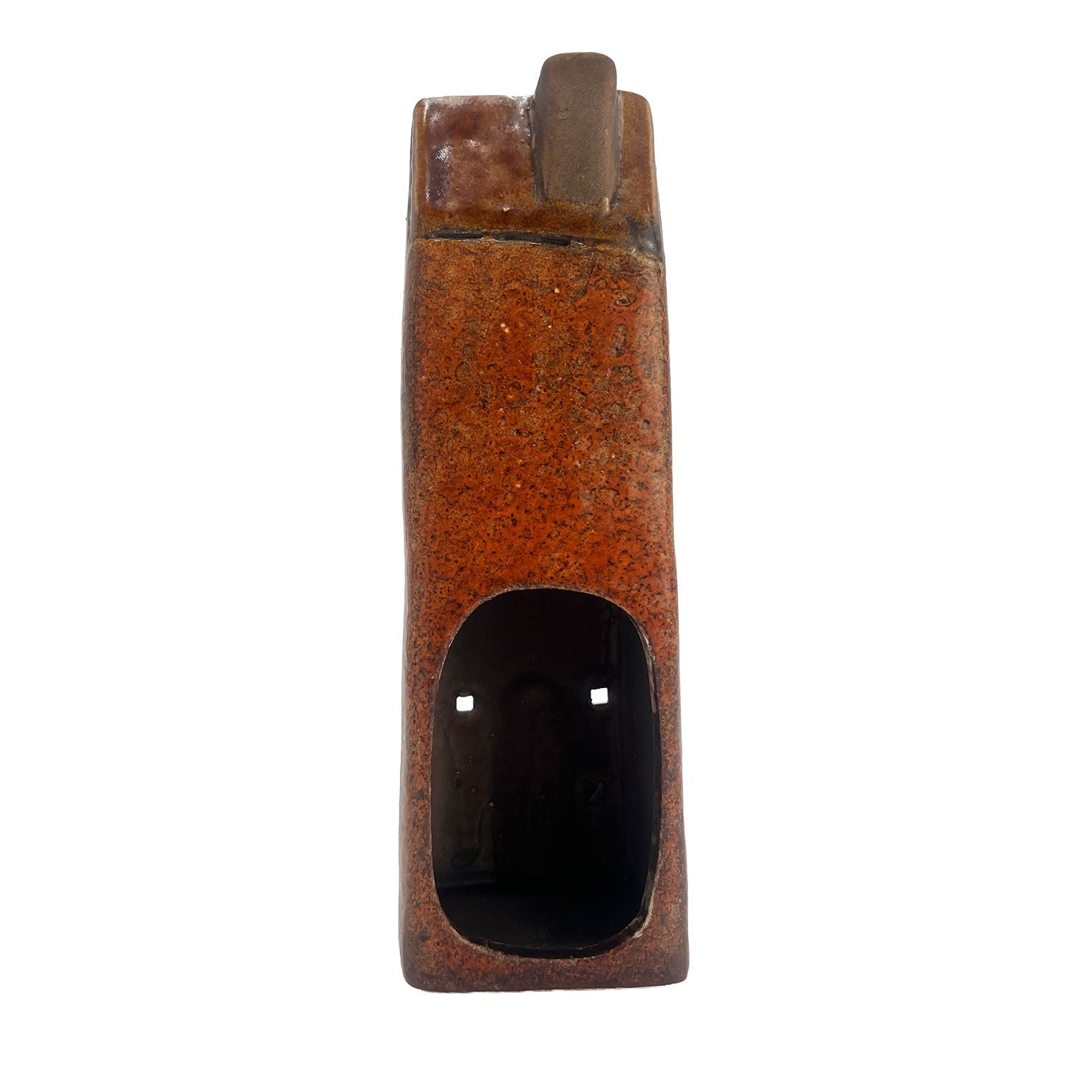 Rear view of the Gatekeeper’s Lodge ceramic tealight house showing open back compartment for candle placement.