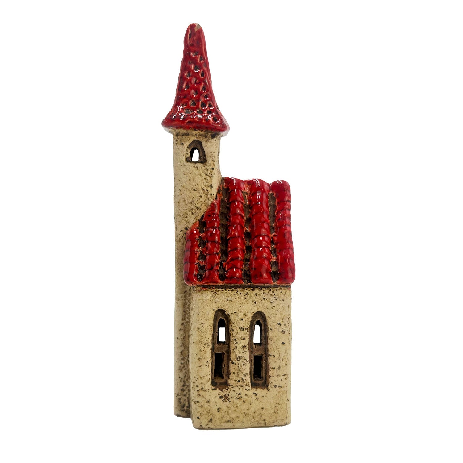 Opposite side angle of the Ivory Tower ceramic LED house highlighting intricate texture and handcrafted glazing.
