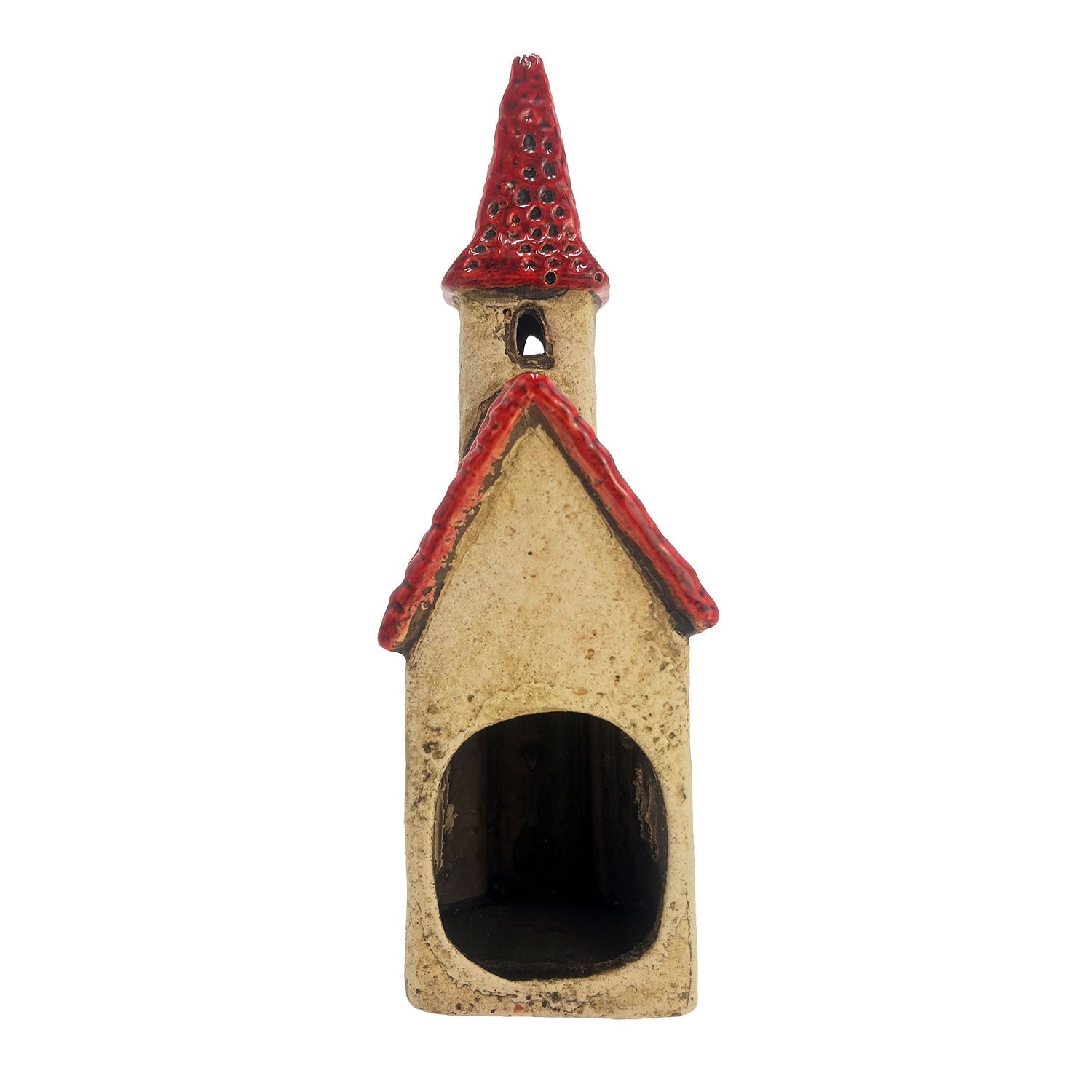 Rear view of the Ivory Tower pottery tealight holder showing open back for tealight placement and detailed roof craftsmanship.