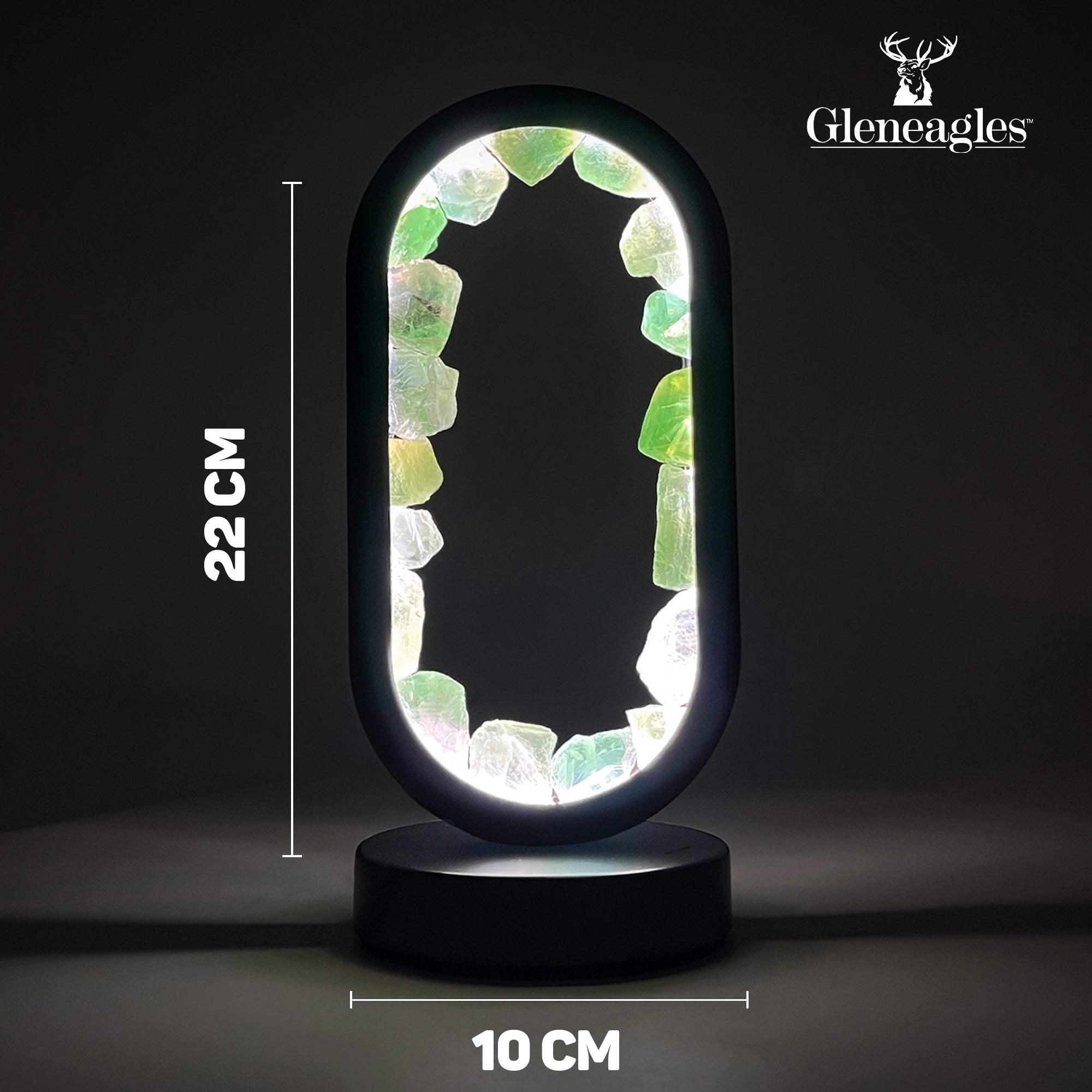 Product dimensions for Gleneagles Oval Earth LED Lamp – Green Fluorite showing height, width, and depth in centimetres.