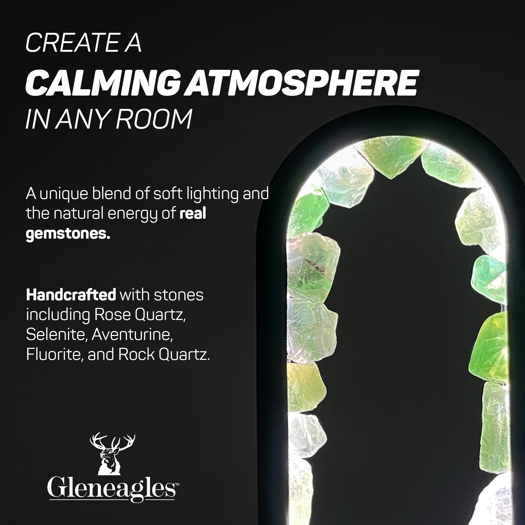Gleneagles Oval Earth LED Lamp collection featuring Green Fluorite, Rock Quartz, and Mixed Minerals designs together.