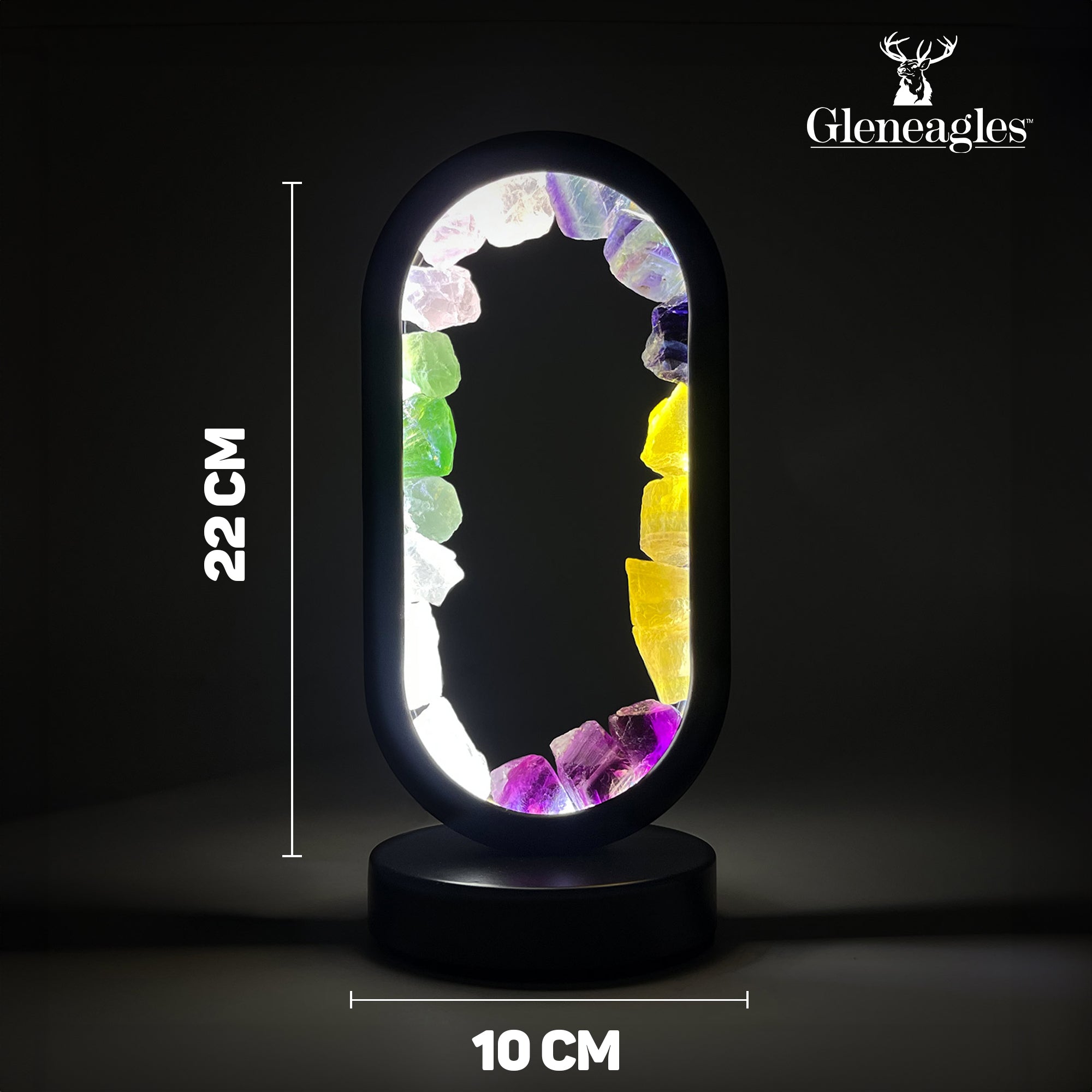 Product dimensions of Gleneagles Oval Earth LED Lamp – Mixed Minerals showing height, width, and depth in centimetres.
