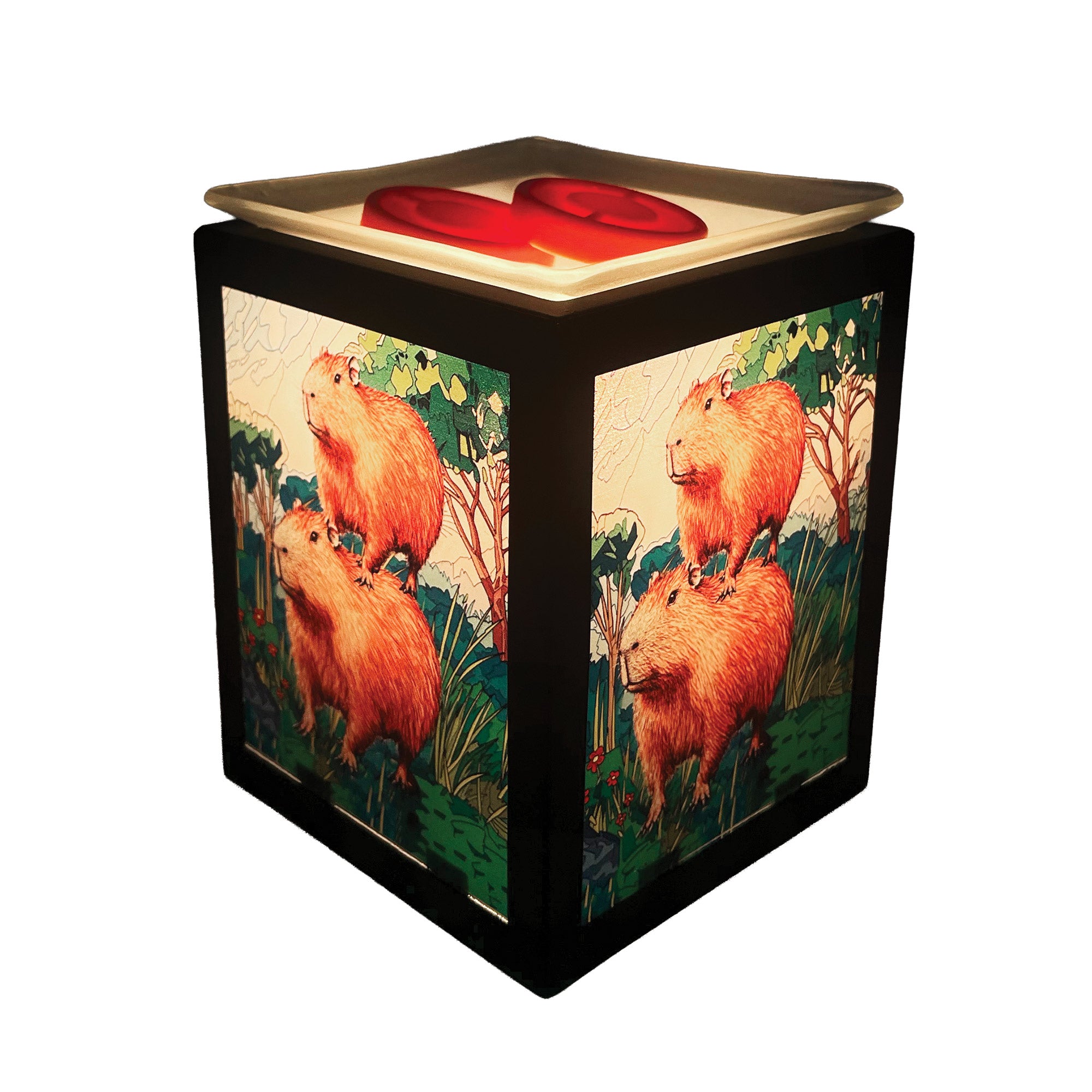 Capybara Electric Wax Melt Burner glowing in a cosy home setting, adding warmth and countryside charm to modern décor