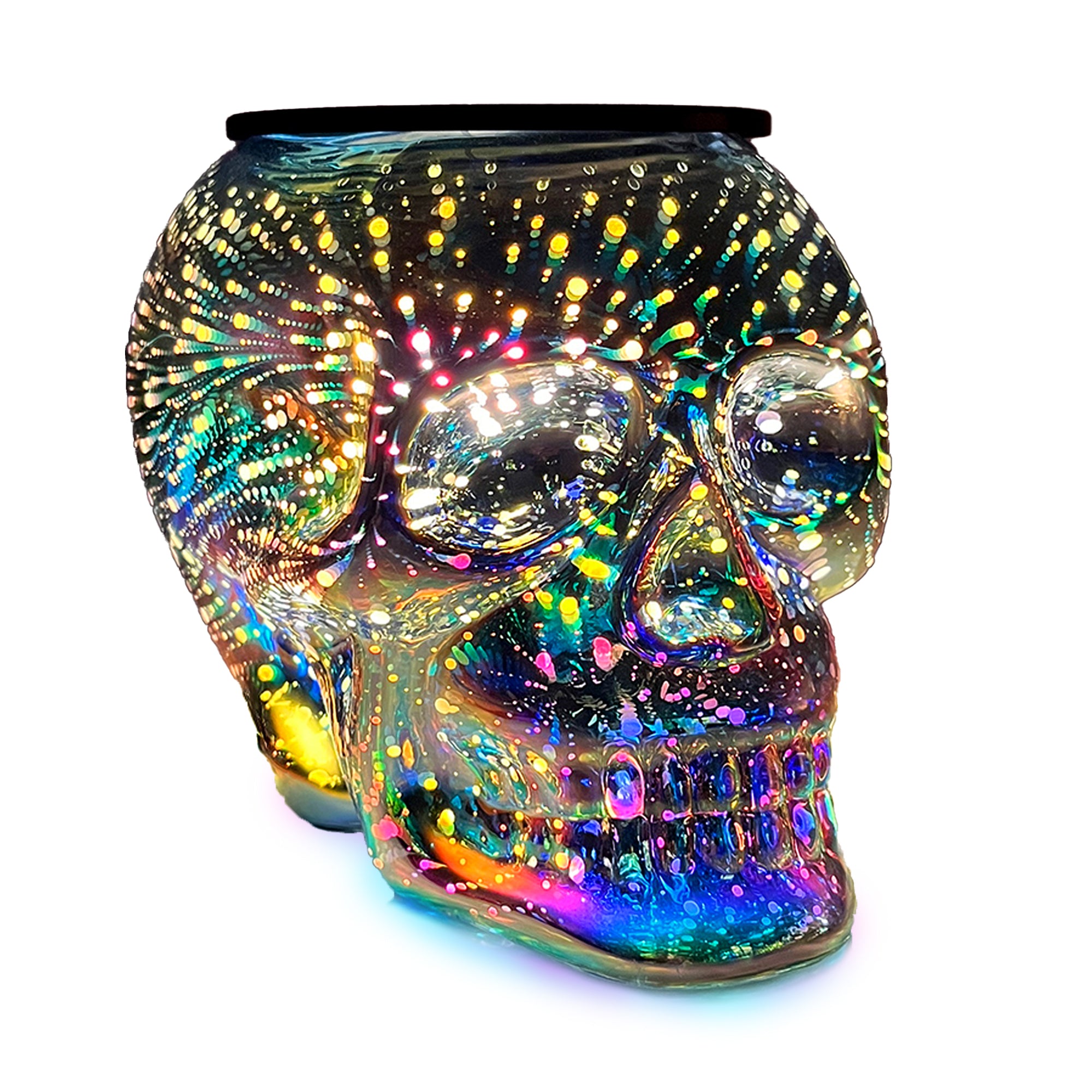 Cello Infinity Skull Electric Melt Burner illuminated, featuring striking skull design with infinity light effect and warm ambient glow.