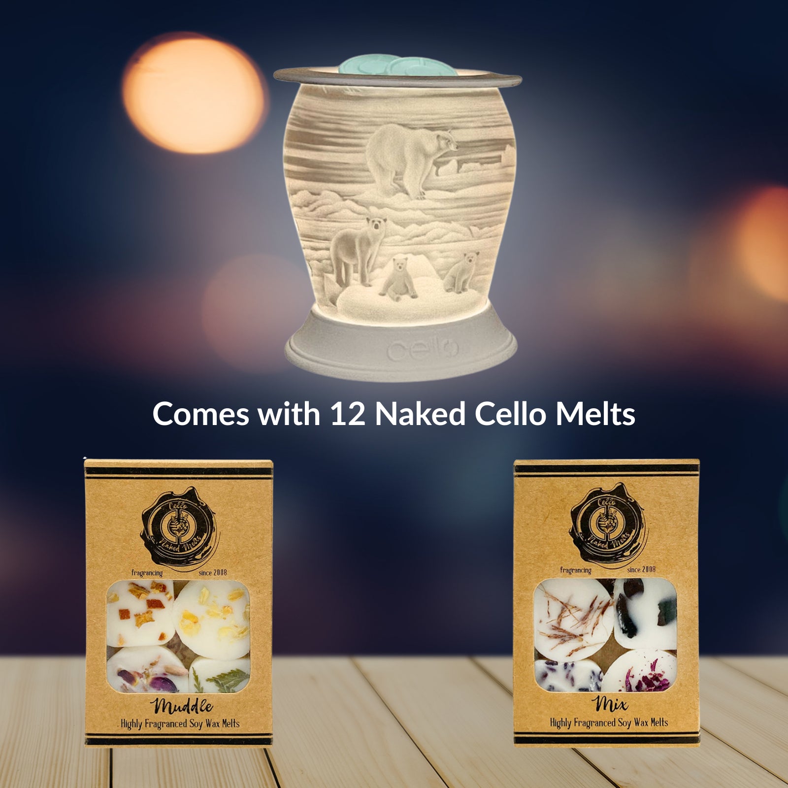 Cello Porcelain Electric Melt Burner – Polar Bear Design with with 12 Naked Cello Melts