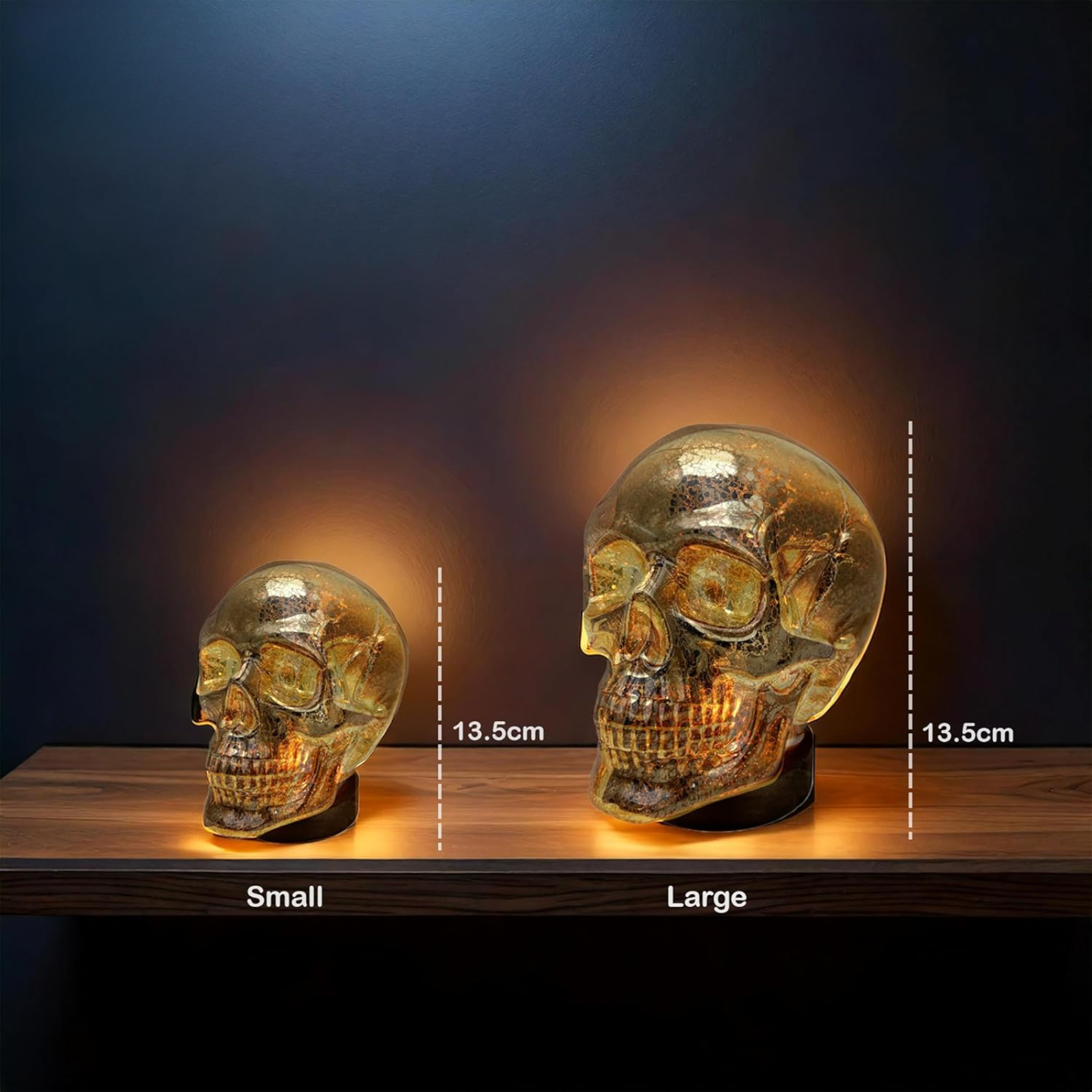 Set of 2 Flame Skull LED Lamps – Gold Skull Table Lights with Warm Glow – USB & Battery Powered Home Décor