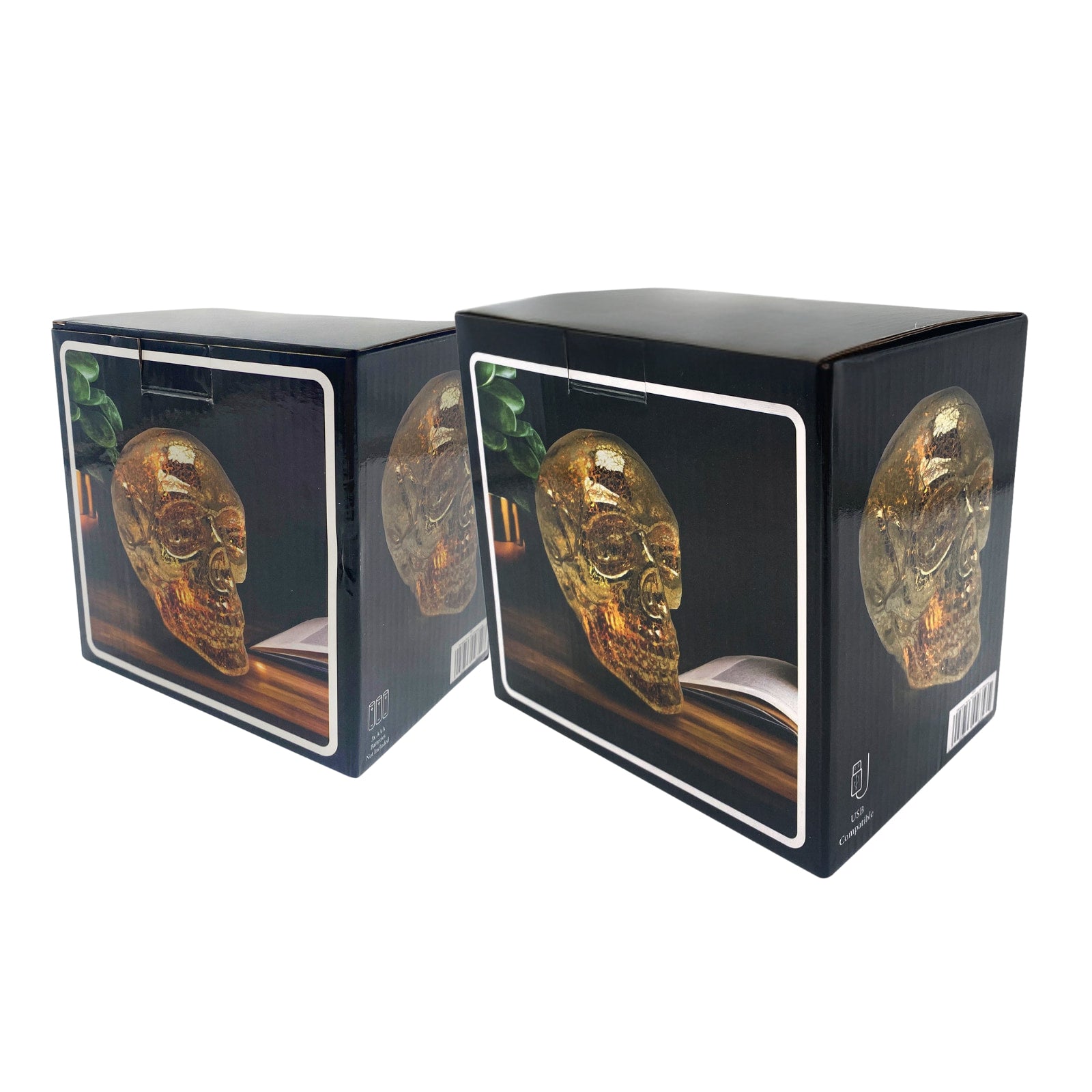 Set of 2 Flame Skull LED Lamps – Gold Skull Table Lights with Warm Glow – USB & Battery Powered Home Décor