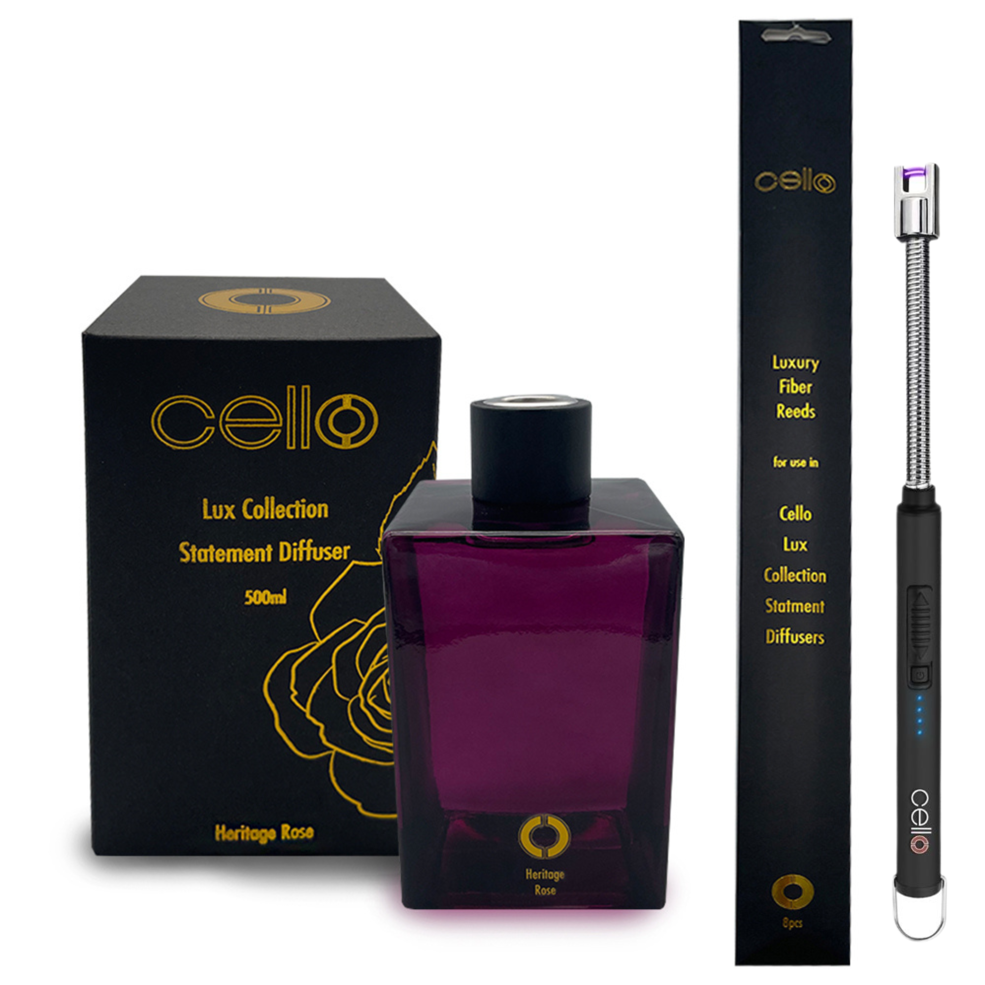 Cello Lux Large Reed Diffuser With 3 Wick Candle And Lighter- Heritage Rose