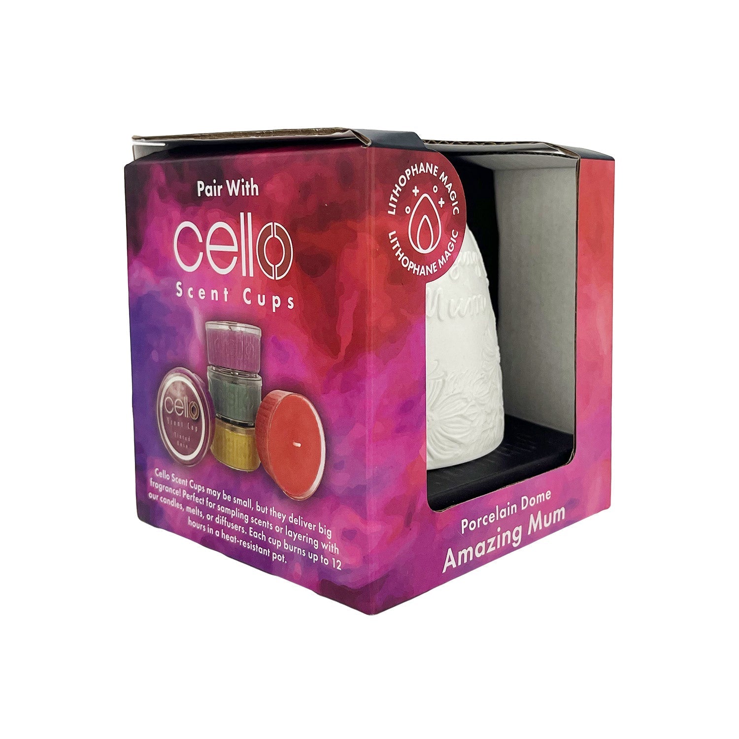 Angled view of Cello Amazing Mum porcelain tealight dome boxed