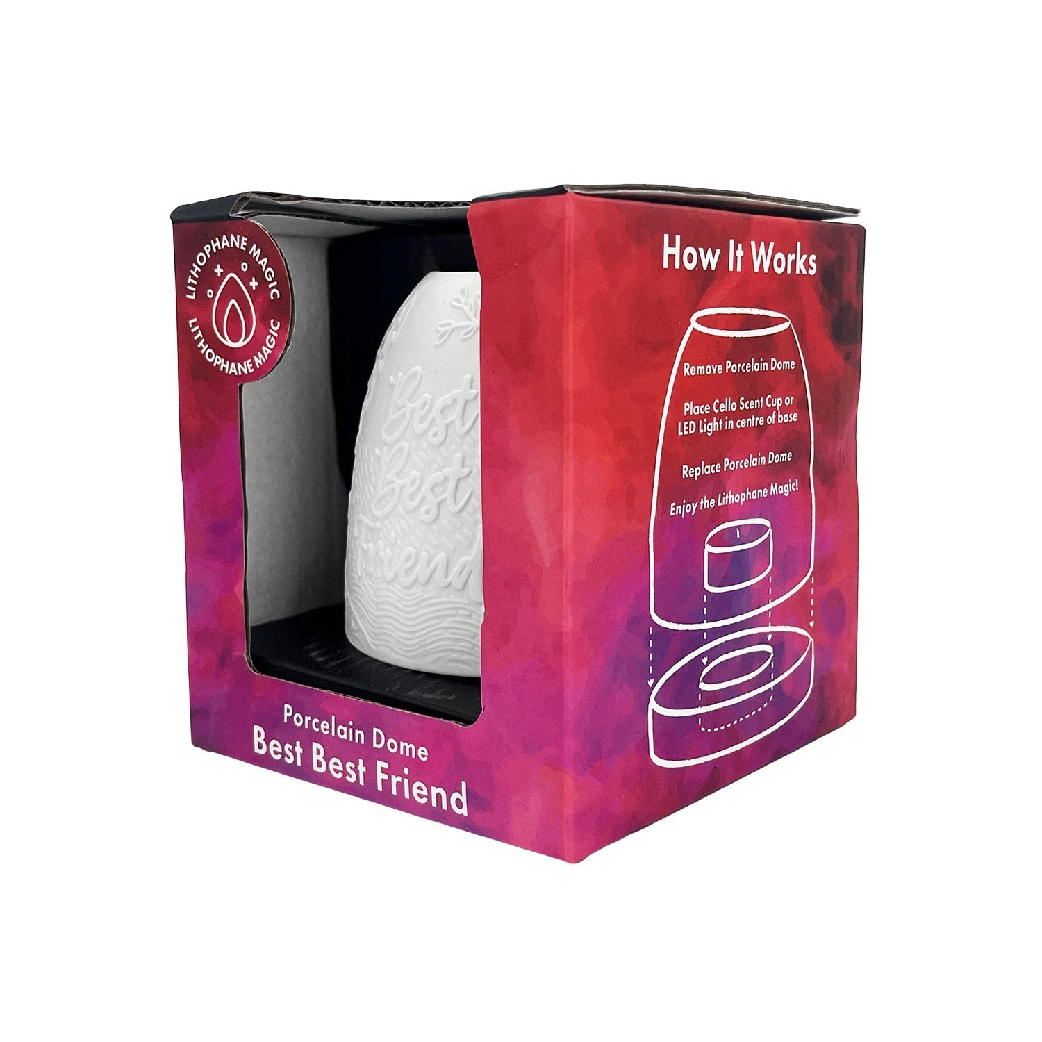 Angled view of Cello Best Best Friend tealight dome packaged in gift box