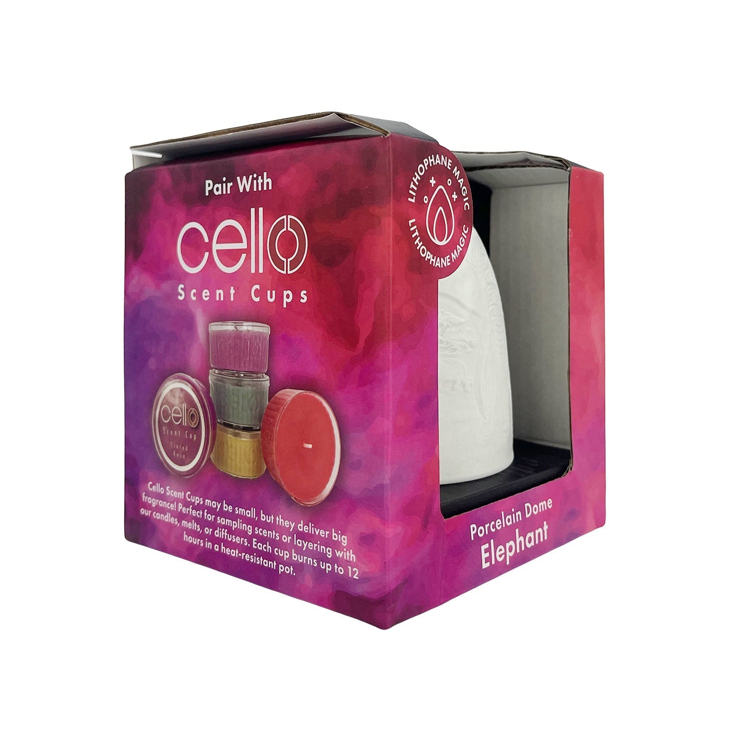 Side angled boxed Cello tall tealight dome with elephant design.