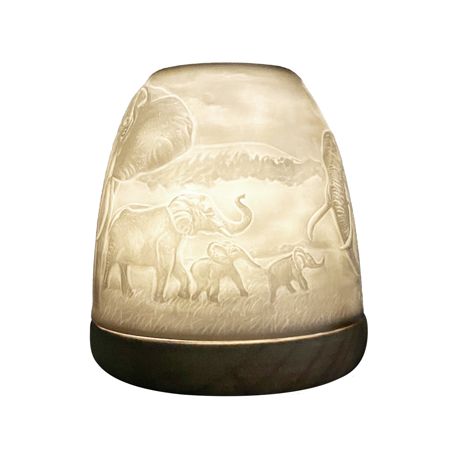 Left angle of the Cello elephant tall tealight dome with soft illumination.