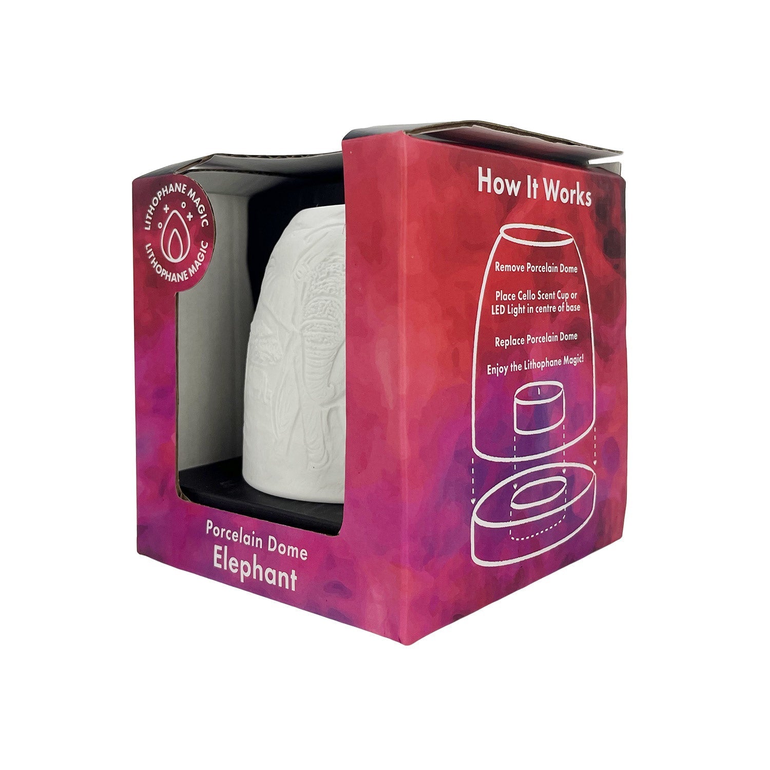 Complete packaging of the Cello porcelain elephant tealight dome.