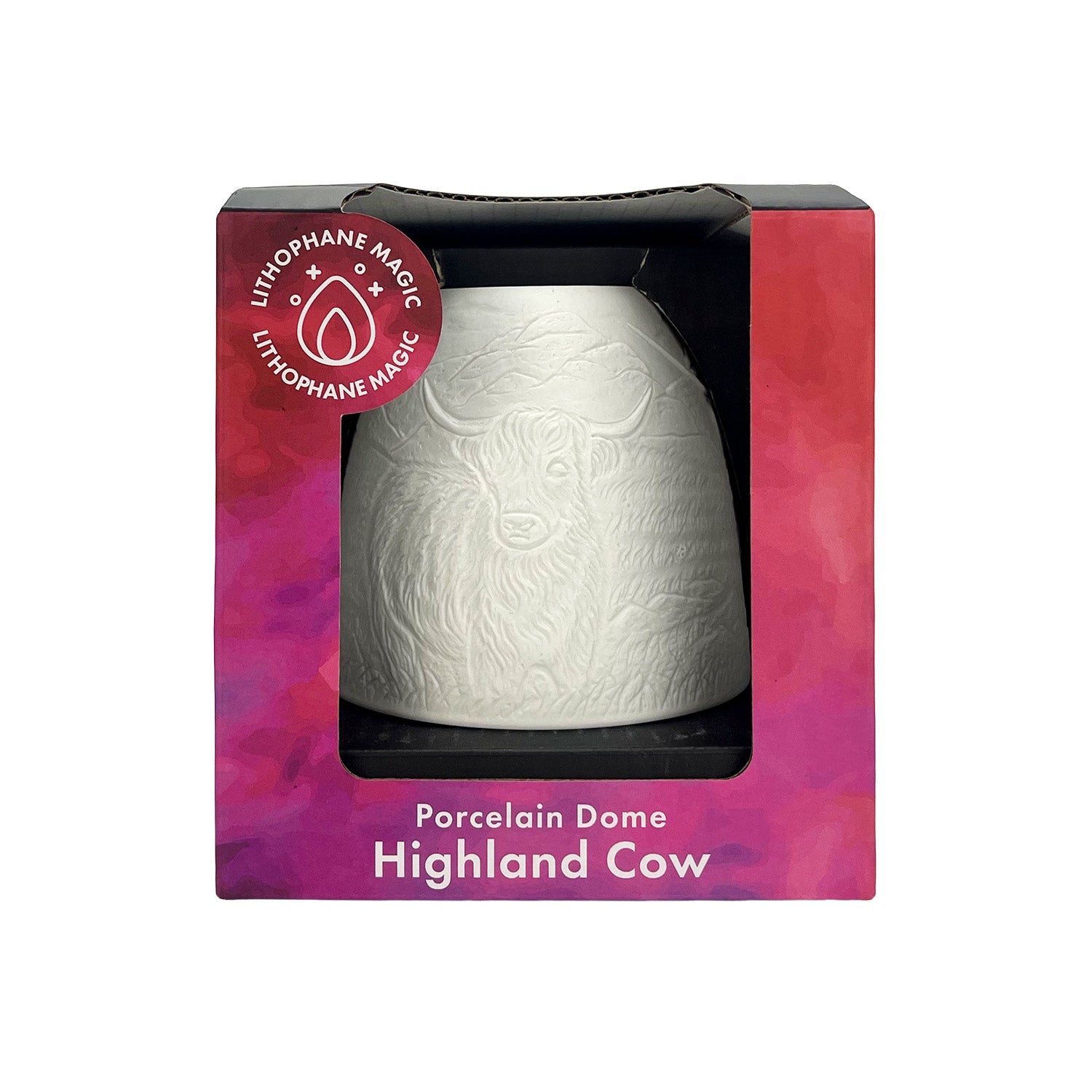 Cello Highland Cow tall tealight dome in gift box front packaging