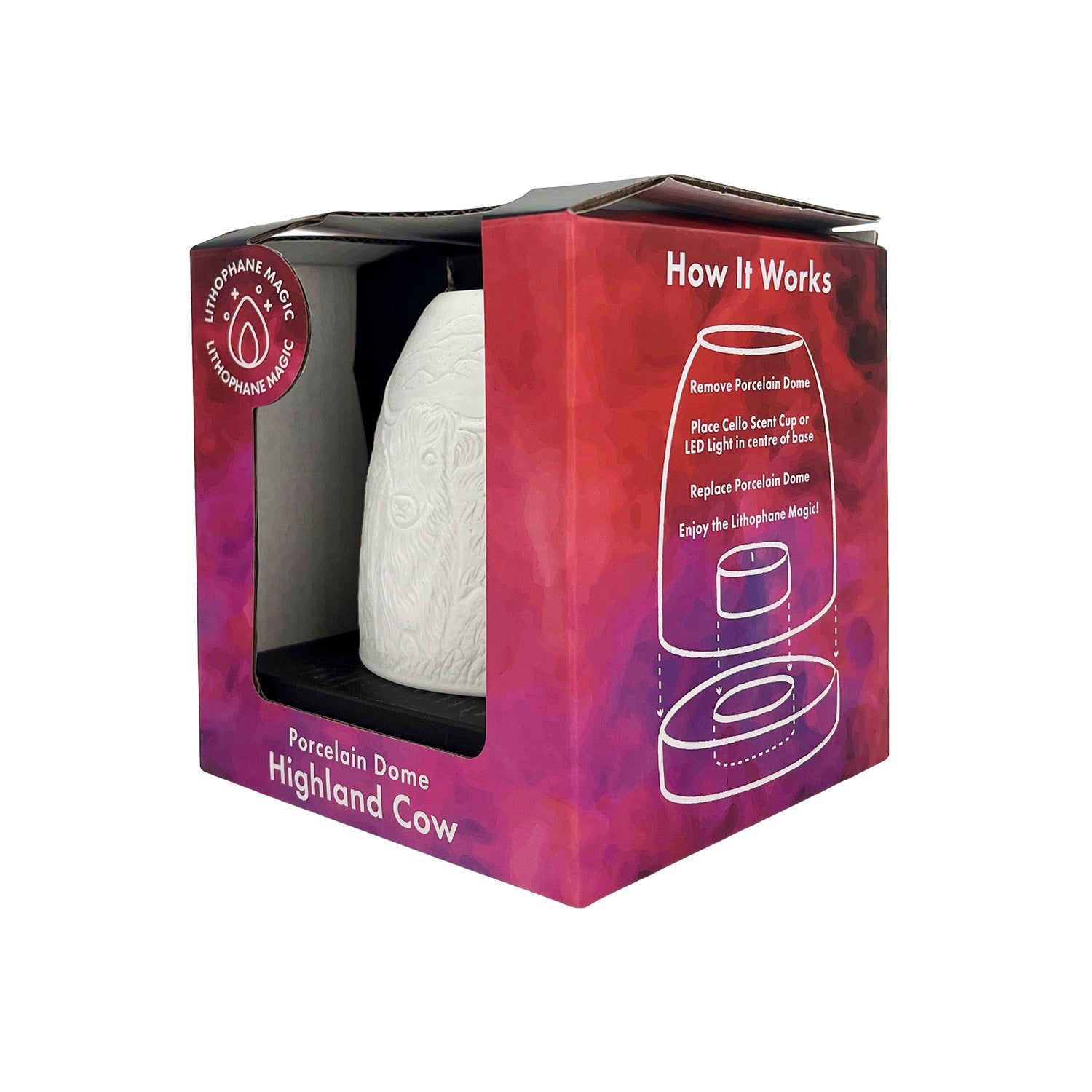 Side view of Cello Highland Cow tealight dome packaging box