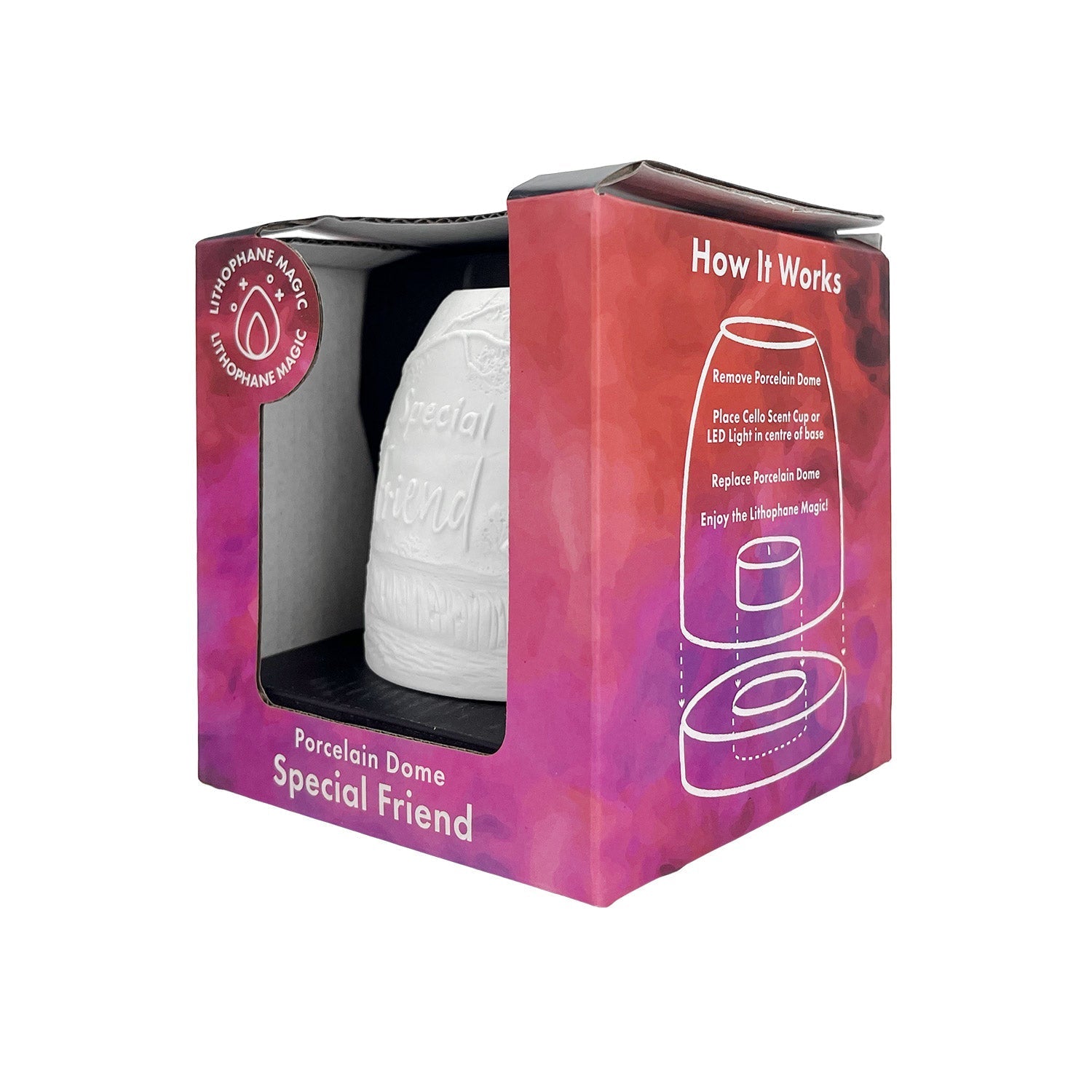 Alternate angle of Cello Special Friend tall tealight dome in purple gift packaging.