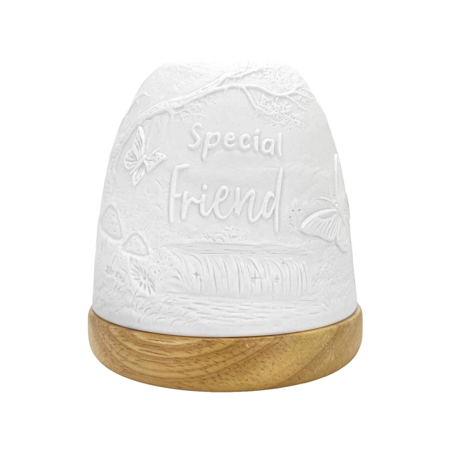 Cello Special Friend tall tealight dome in decorative gift box front view.